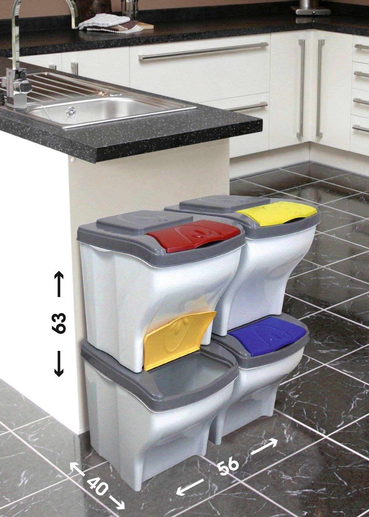 Bischof Bama Mülltrennsystem FUNNY, 4-teilig, Kunststoff, abnehmbarer Deckel, je 20 L