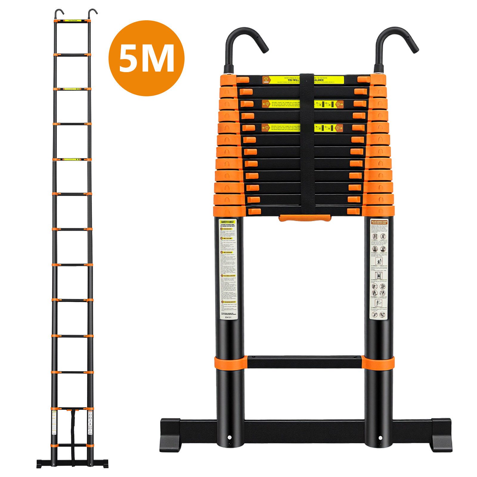 SunJas Teleskopleiter 5M Ausziehleiter Anlegeleiter Multifunktionsleiter bis 150kg (mit abnehmbaren Haken, Außen‑Arbeitsleiter,höhenverstellbare Leiter,schwere Teleskopleiter), Haushaltsleiter,Unabhängige Verriegelung Narrensicherer Betrieb