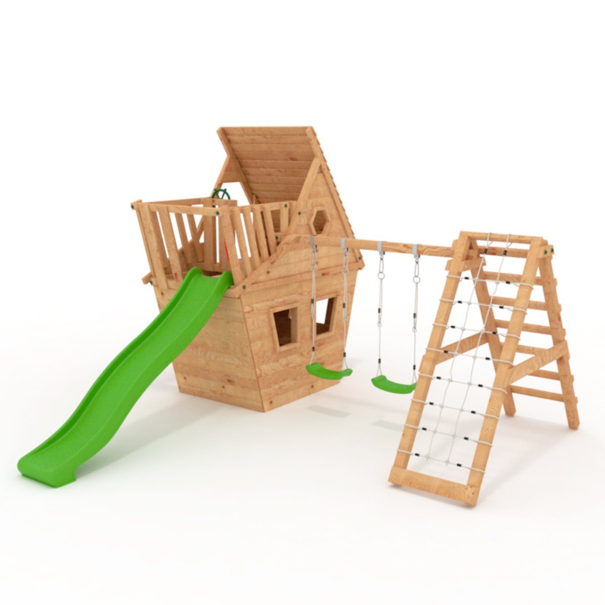 bibex Spielturm Wunderhäuschen M150 - LANGE Rutsche, 2x Schaukel, Knotennetz