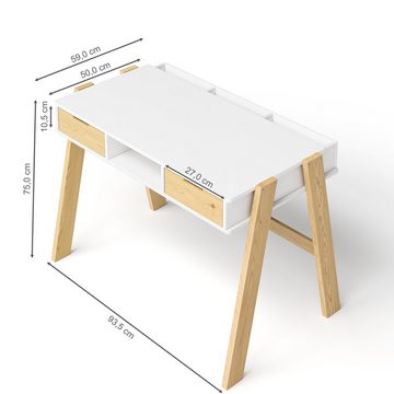 Bellabino Kinderschreibtisch Campo (1 Ablagefach und 3 Aufbewahrungsfächer), 2 Schubladen, weiß/natur