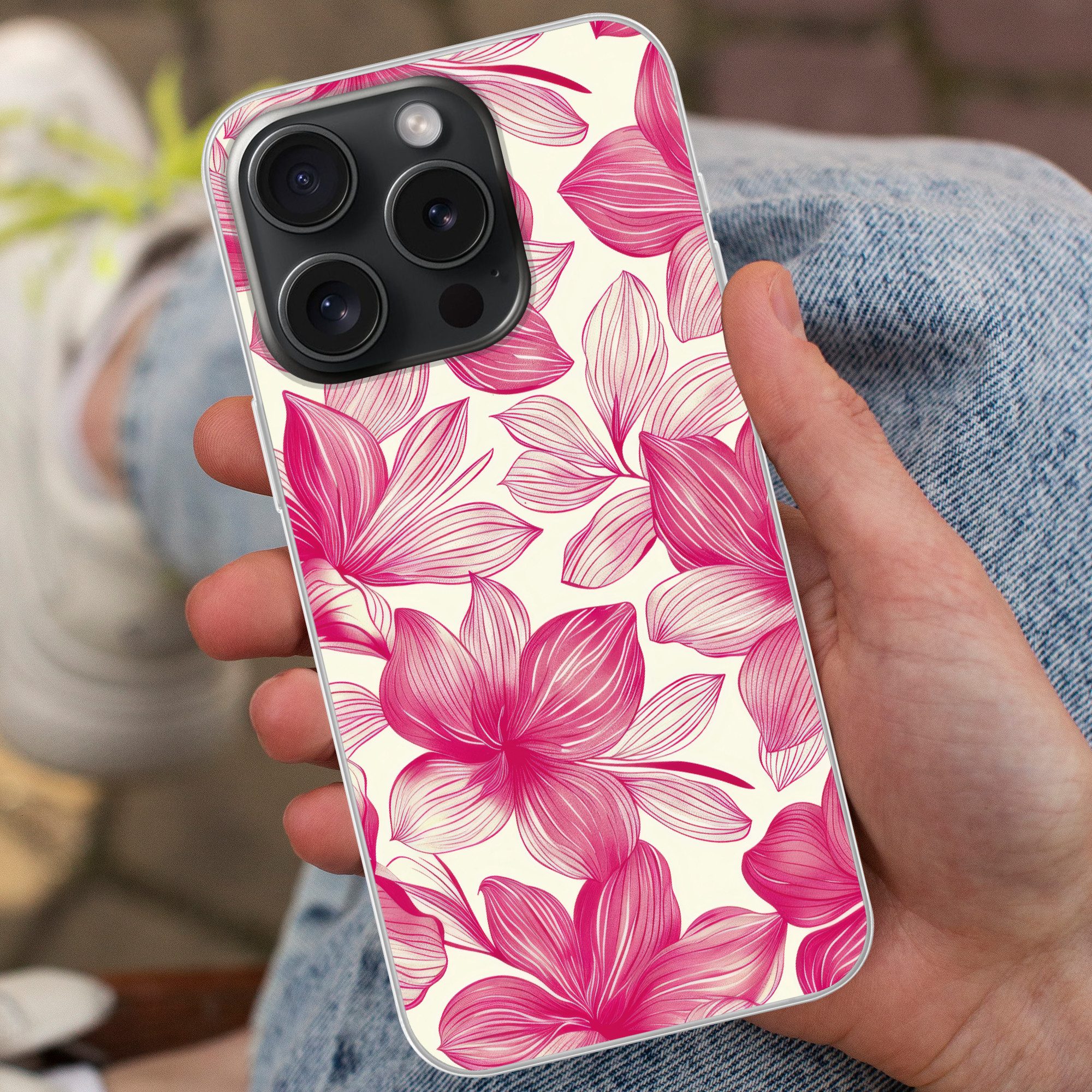 MuchoWow Handyhülle für Apple iPhone 15 Pro Blumen - Muster - Rosa - Weiß, Smartphone-Bumper, Print, Handy Schutzhülle Dünn