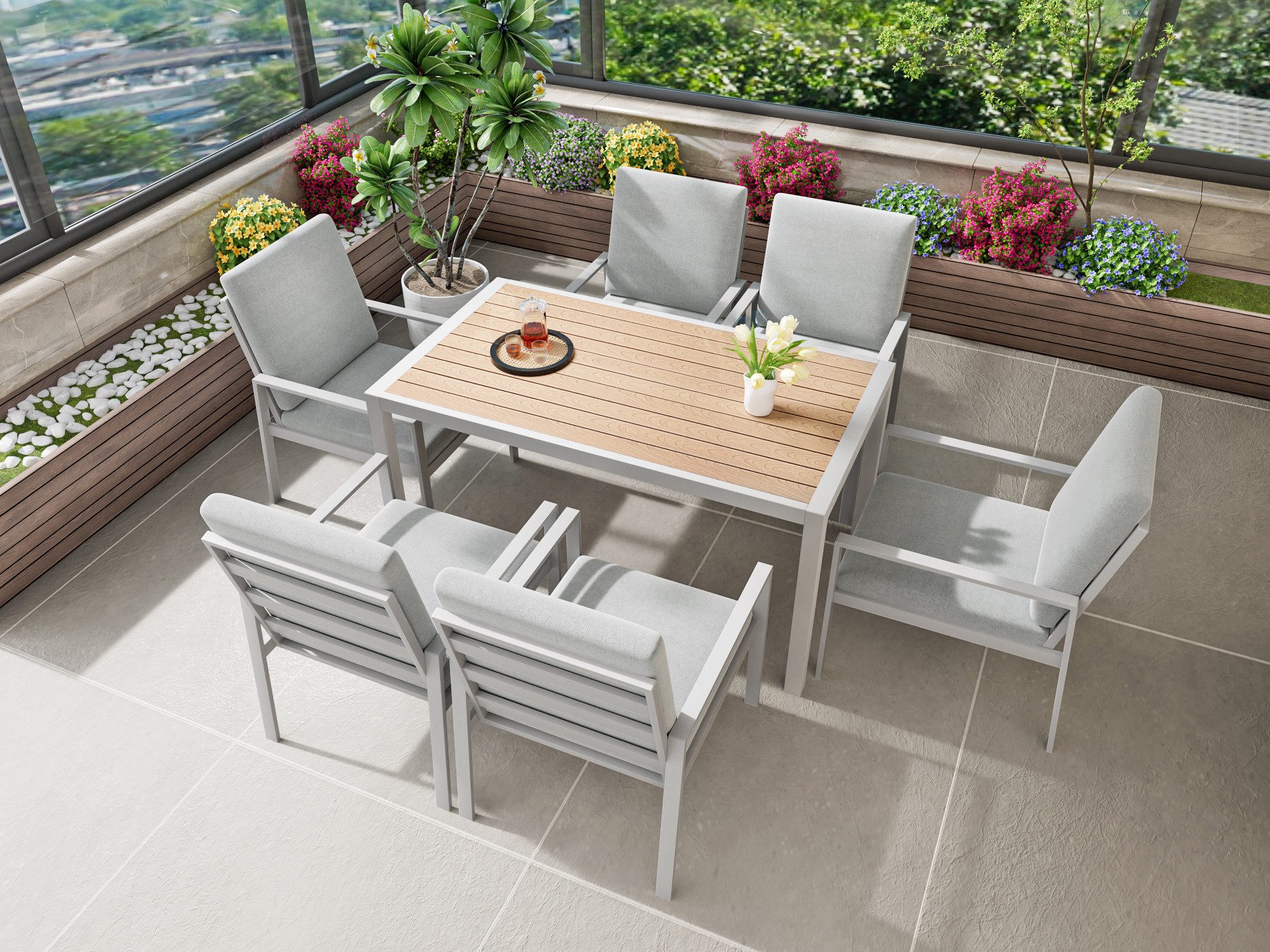 MeXo Gartenlounge-Set Garten Essgruppe, (wetterfest Lounge Set, 7-tlg., 6 x Gartenstühle, 1 x Esstisch, mit 12 Auflagen), Aluminium Gartenmöbel Set, Polywood Tischplatte
