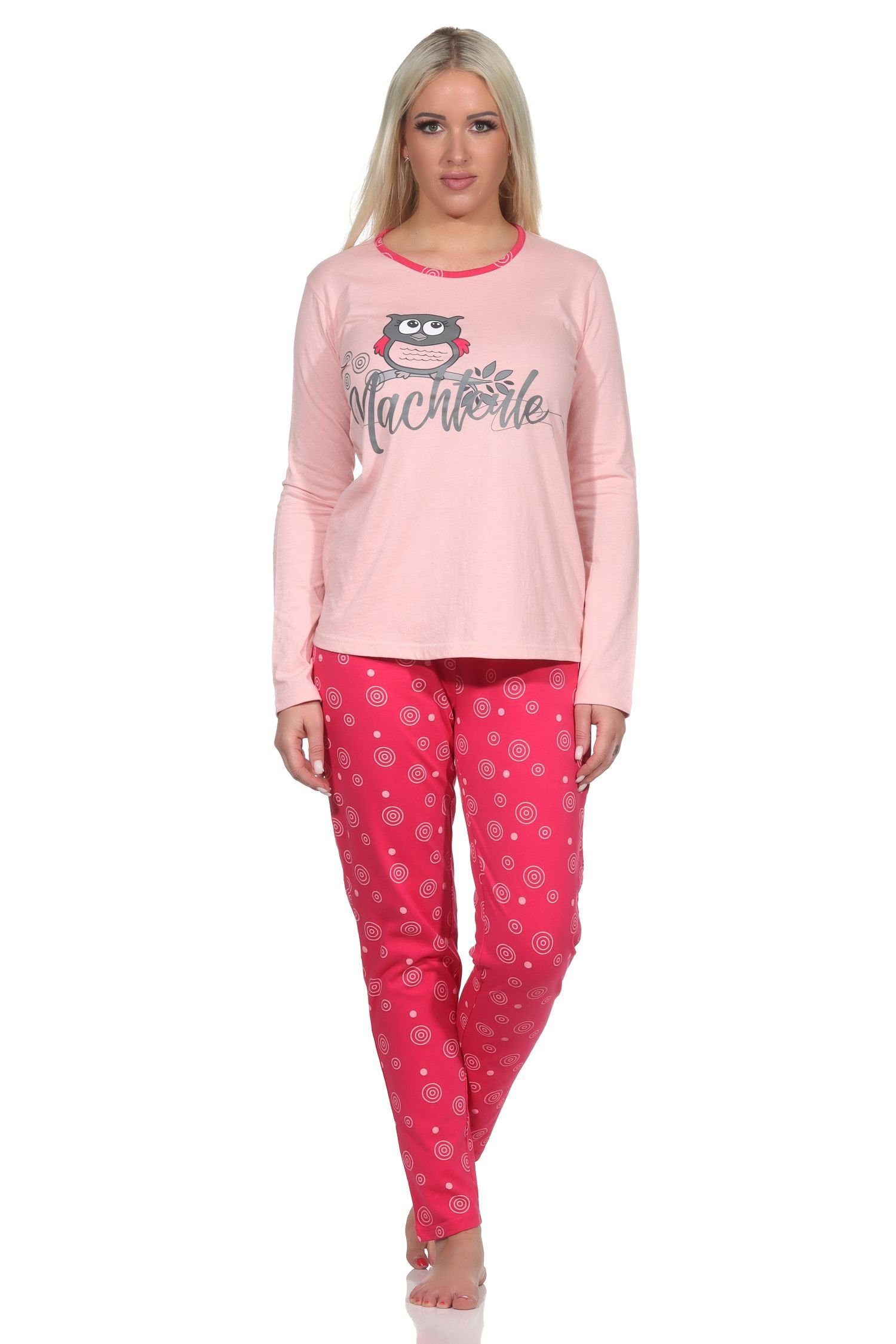 Normann Pyjama Langer Damen Schlafanzug mit Rundhals und niedlichem Eulen-Motiv rosa