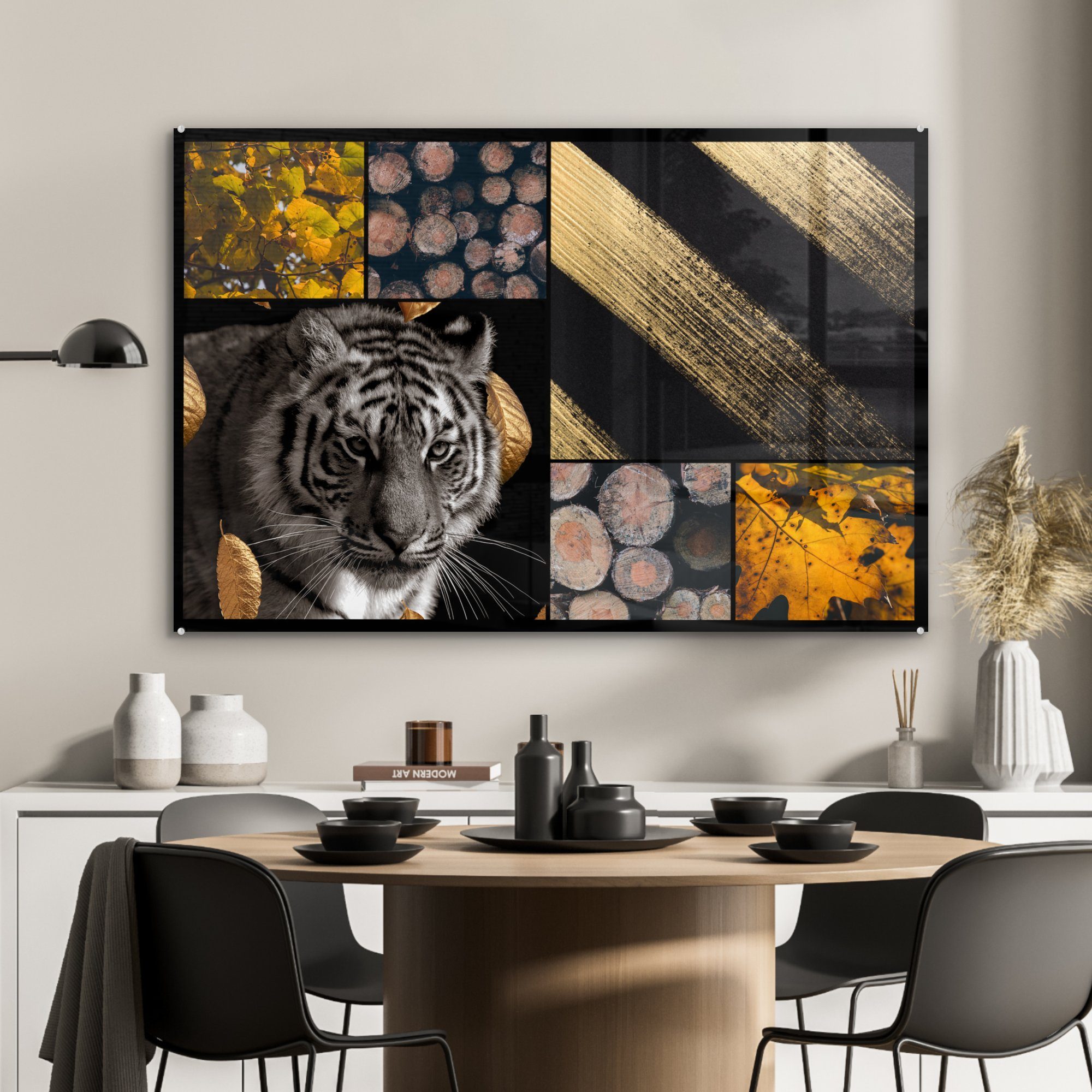 MuchoWow Acrylglasbild - Wohnzimmer Collage, Tiger - Gold Schlafzimmer Holz - & Acrylglasbilder (1 St)