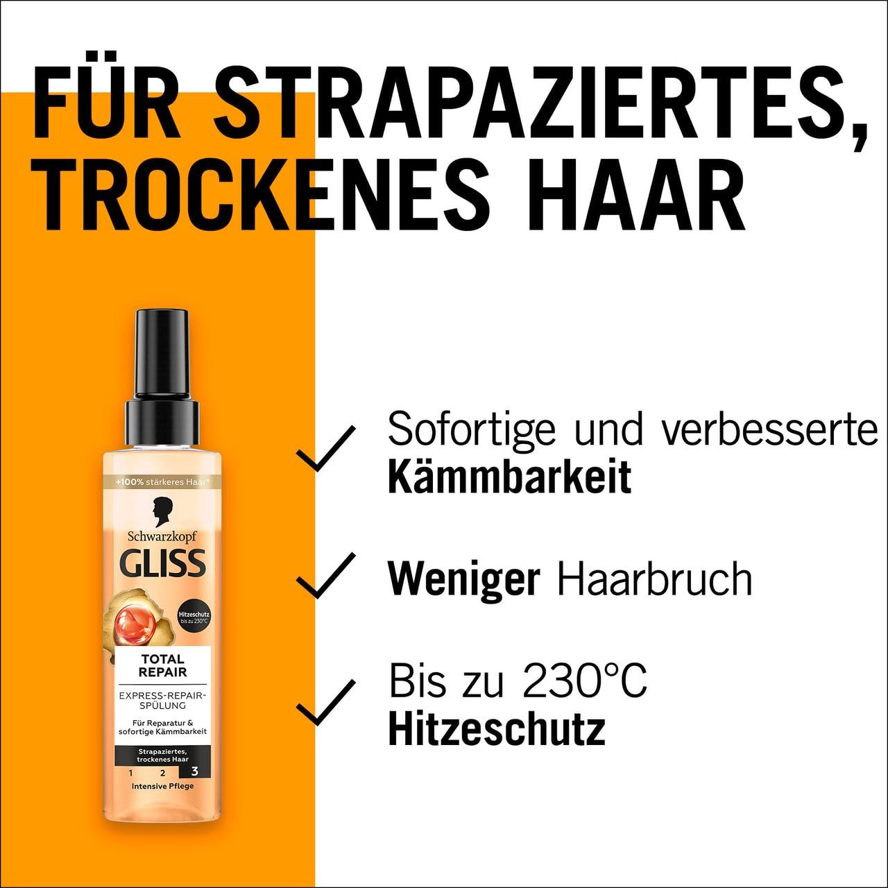 Gliss Haarshampoo Total Repair 250ml & Express-Repair-Spülung 200ml, 2-tlg., Pflegeshampoo, Sprüh-Spülung, Pflegespülung, Hitzeschutz