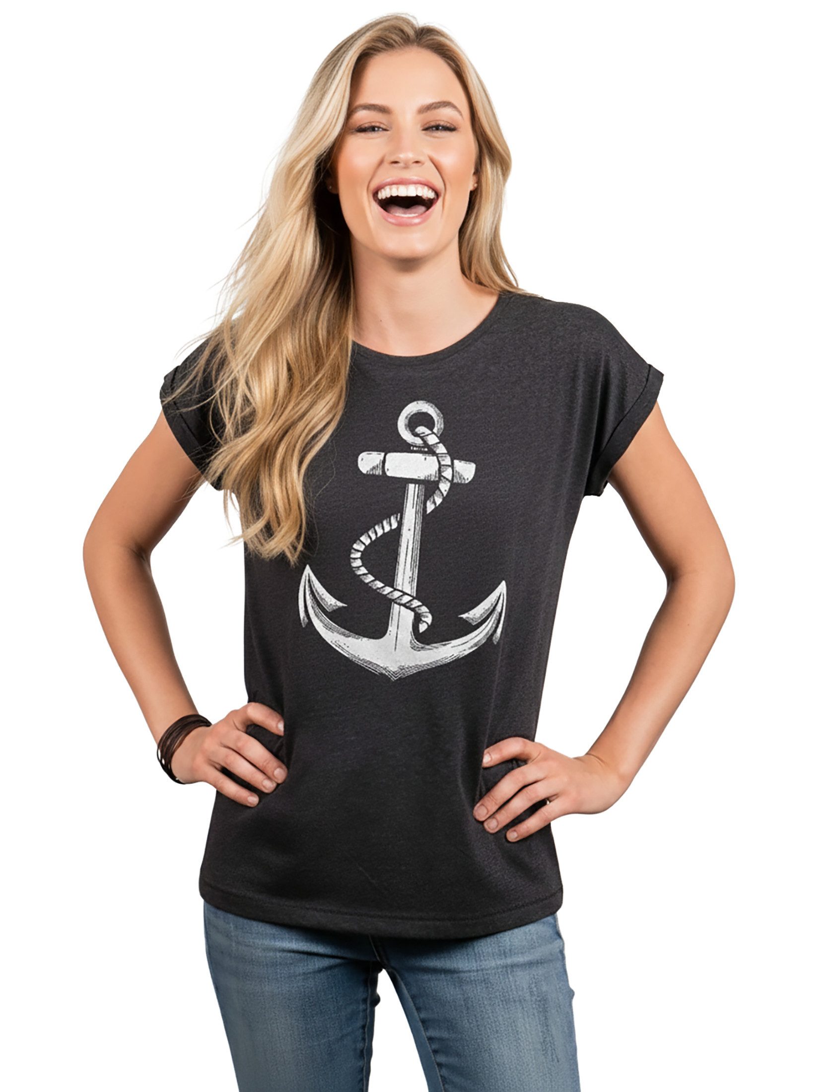 MAKAYA Print-Shirt Damen Anker Motiv Sommer Top Maritime Frauen Oberteile Tunika (Kurzarm, Rundhals, blau, grau, rosa, schwarz) aus Baumwolle
