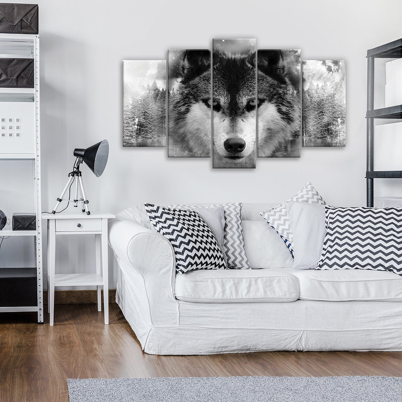 Wallarena Leinwandbild Wolf Tiere Wald Grau Set Wand Deko XXL Wandbilder Mo günstig online kaufen