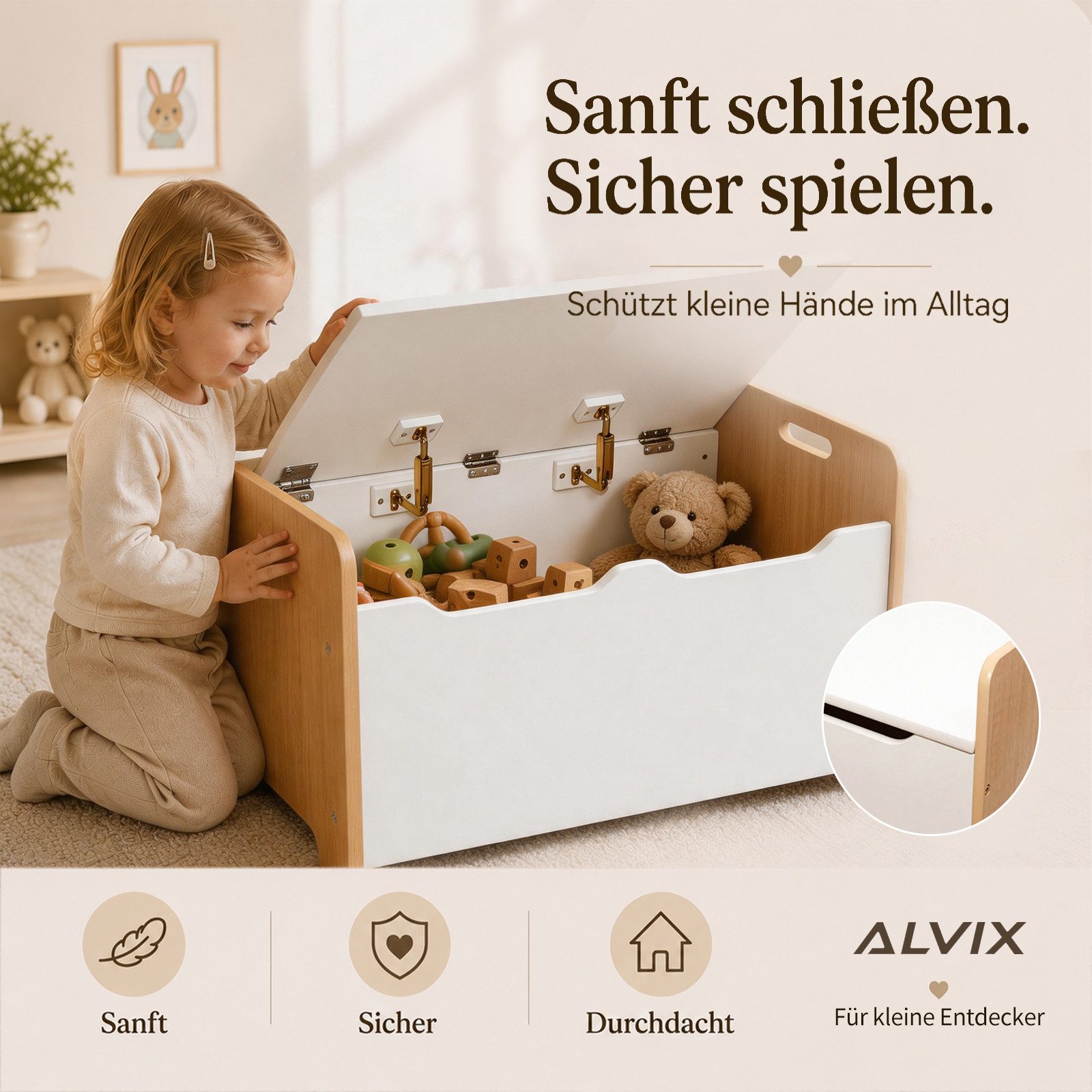 ALVIX Spielzeugtruhe NESTA 1, 3 cm Sitzkissen, Soft-Close-Deckel, abgerundete Seiten, 15 mm MDF