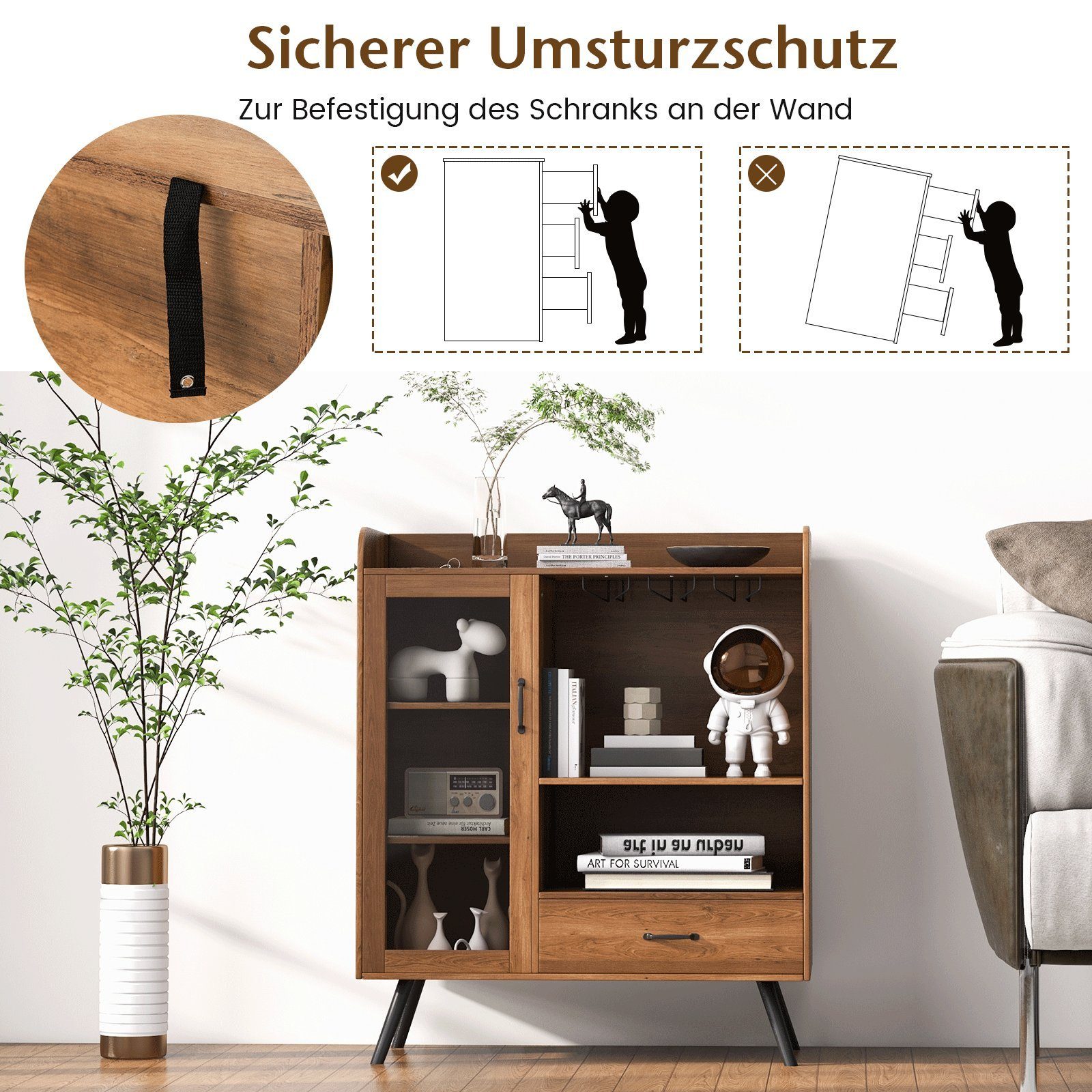Schublade Glashaltern, Tür, mit COSTWAY Weinregal, 80x40x95cm Weinschrank &