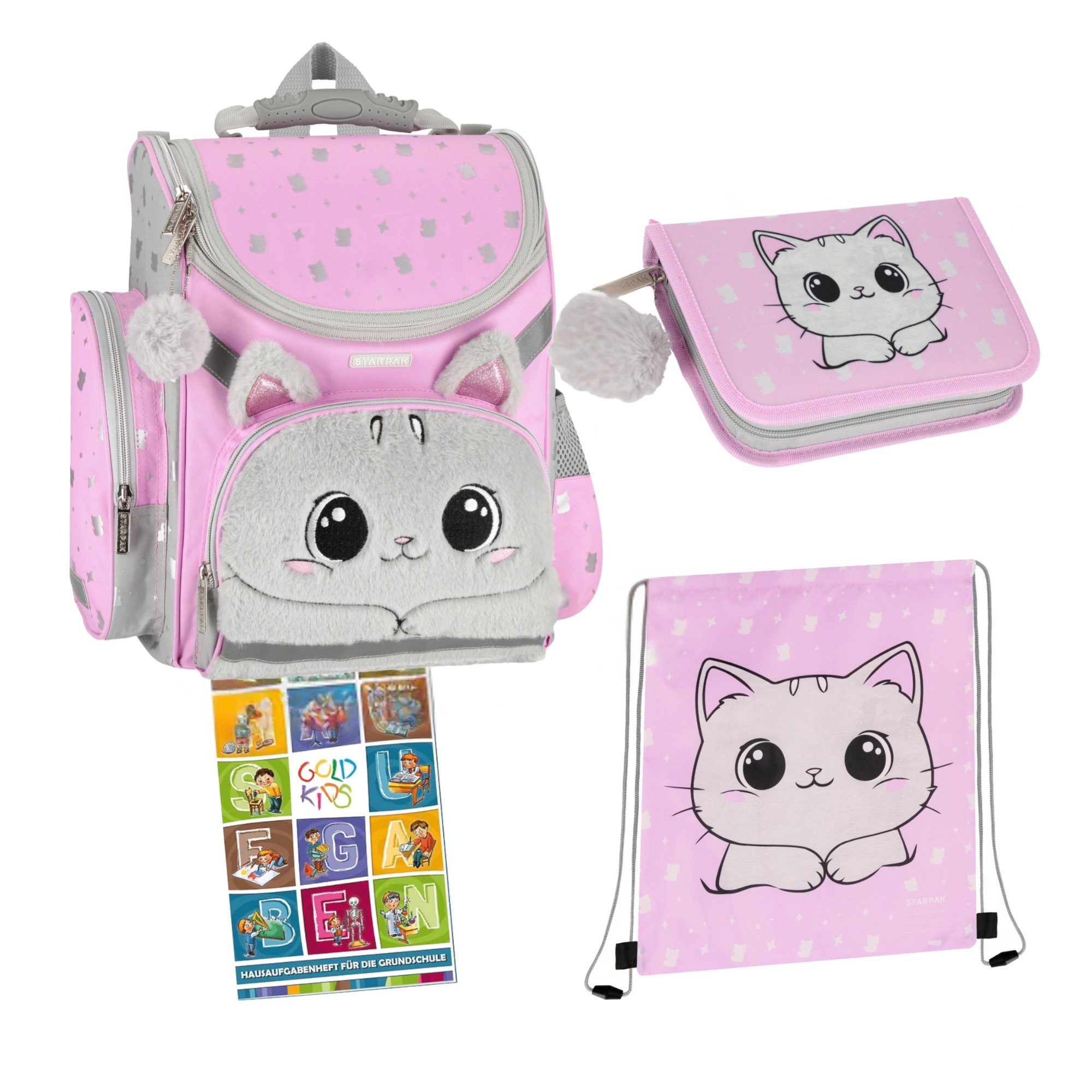 GOLDKIDS Schulranzen für Jungen und Mädchen, 4er-Set - (Schul-Rucksack für Kinder mit Federmäppchen -, 1-tlg., Schuhbeutel und Hausaufgabenheft), Katze Motiv - 1-3 Klasse