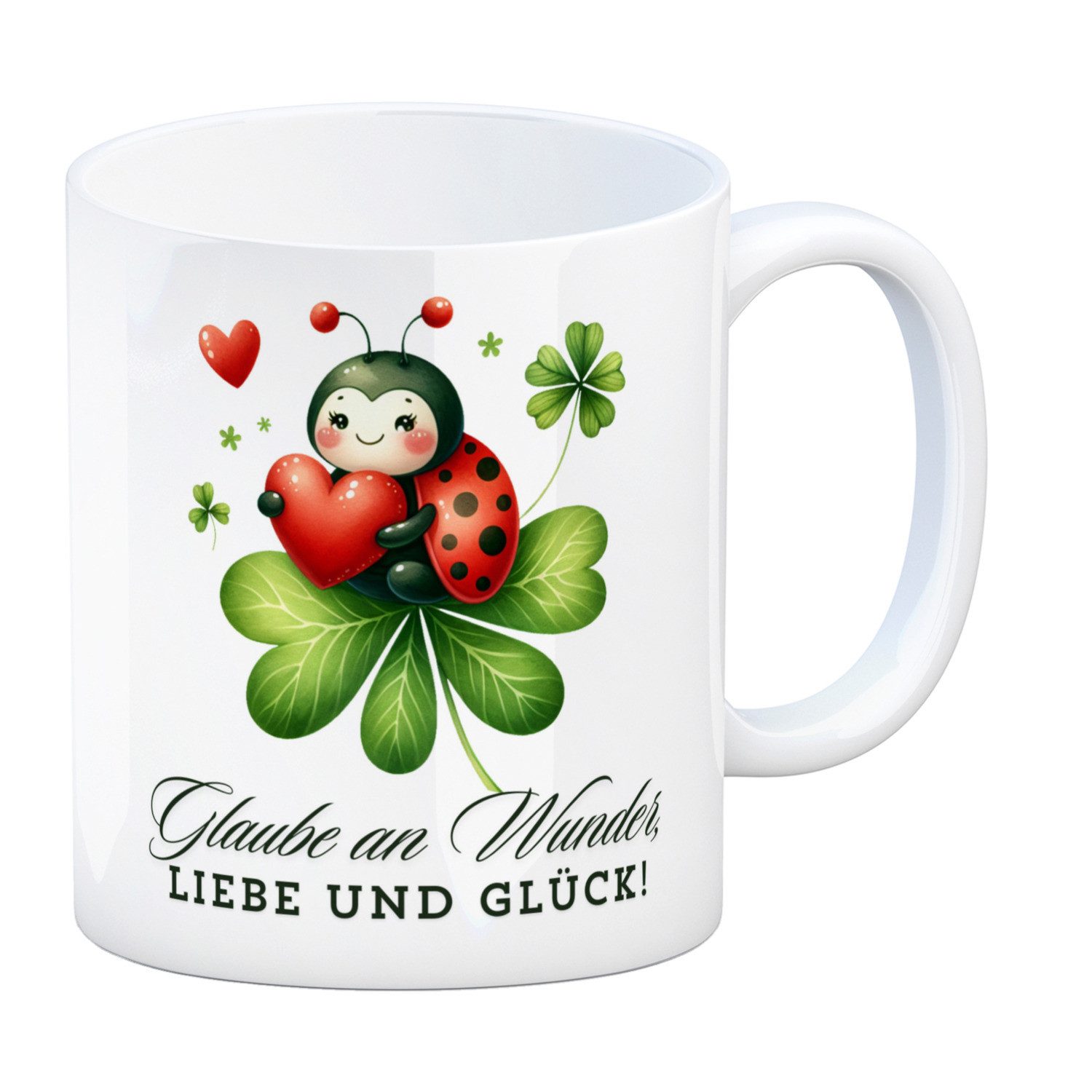 Tasse Marienkäfer Kaffeebecher mit Spruch Glaube an Wunder, Liebe und Glück!