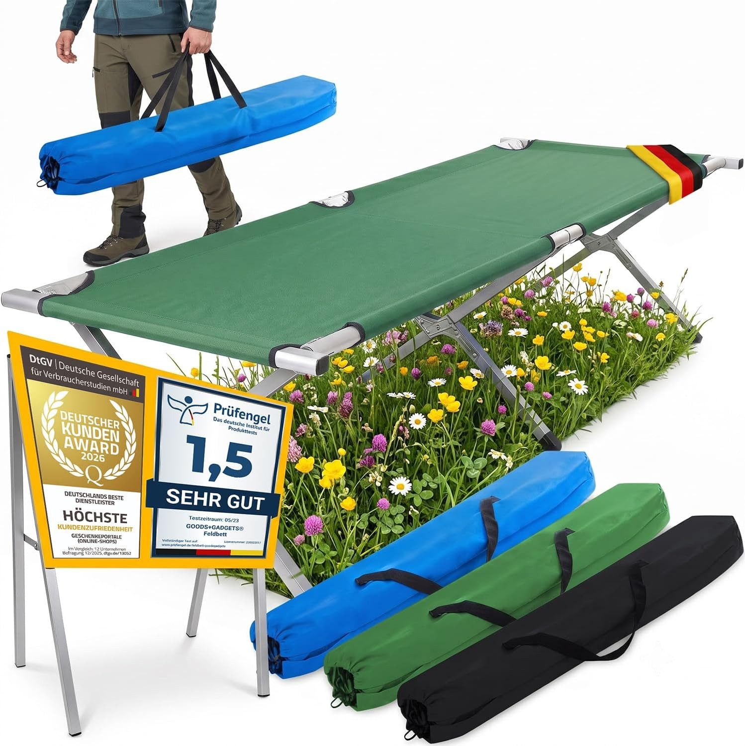 Goods+Gadgets Feldbett Faltbares Aluminium-Feldbett – Robust & Leicht für Camping & Gästebett (Campingbett, Klappbett) Gästebett aus Aluminium
