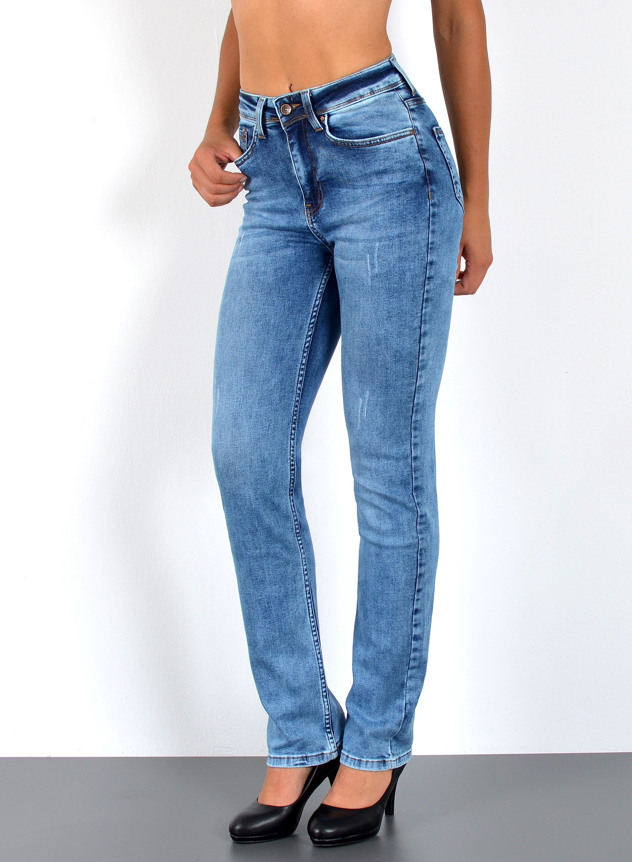 ESRA Straight-Jeans High Waist Straight Fit Jeans Damen Geradeschnitt Hose Straight High Waist Damen Jeans Straight Hose Gerade Schnitt Jeanshose Stretch