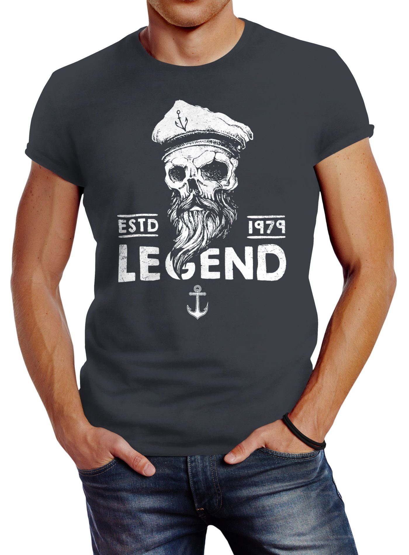 Neverless Print-Shirt Herren grau Neverless® mit Slim Bart Legend T-Shirt Captain Fit Totenkopf Kapitän Skull Print