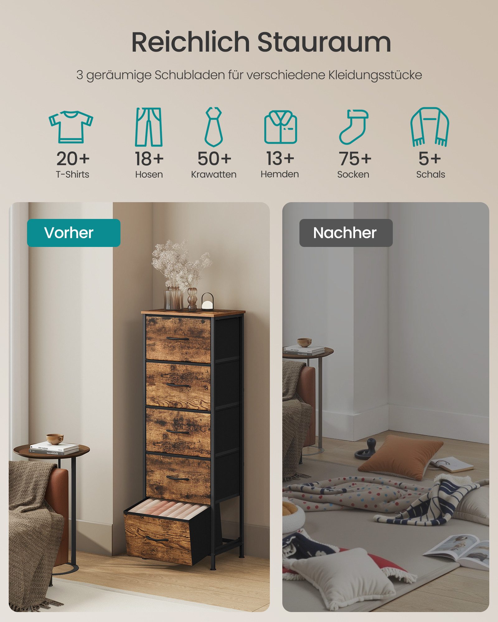 SONGMICS Kommode Schrank, Aufbewahrungsschrank, Stahl, MDF, Vliesstoff, für Schlafzimmer