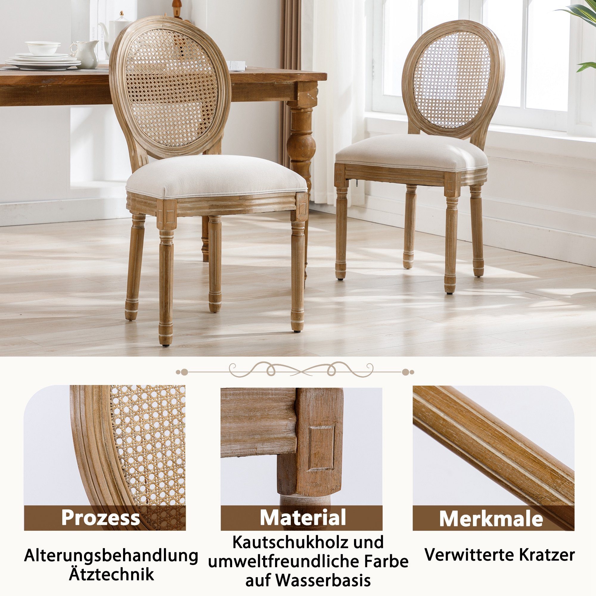 Celya Esszimmerstuhl Esszimmerstühle 6er Knöpfen Louis Polsterstuhl, Küchenstühle Set Stil, Stühle, 6 creme-2 Sitzpolster, Französischer langlebig