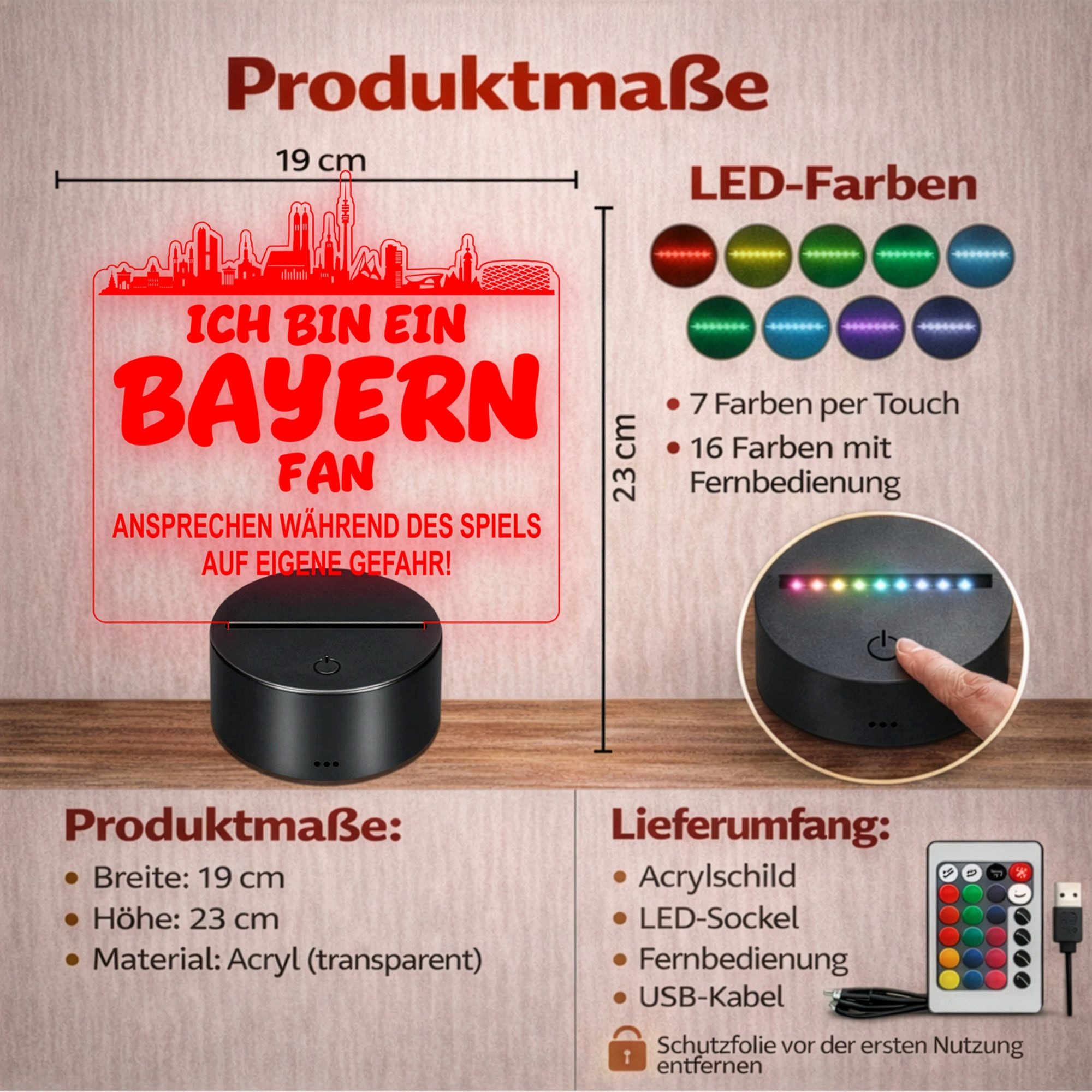 Lieblingsmensch LED Nachtlicht Fußball - Ich bin ein Bayern Fan - Ansprechen auf eigene Gefahr, LED fest integriert, Farbwechsel oder feste Farbe mit Fernbedienung & Touch, Man Cave Stimmungslicht – 19x23cm