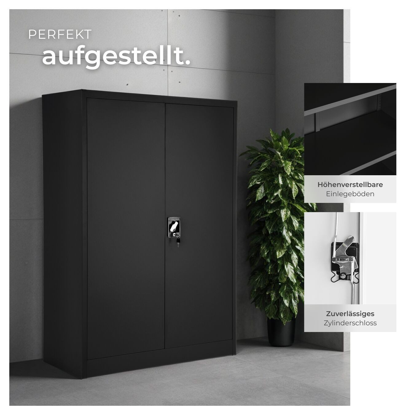tectake Aktenschrank Abschließbarer Schrank mit höhenverstellbaren Böden (Schreibtischschrank, 1-St., in schwarz) Hochwertiger Stahl, stabiler Stand – Bild 4 von 5
