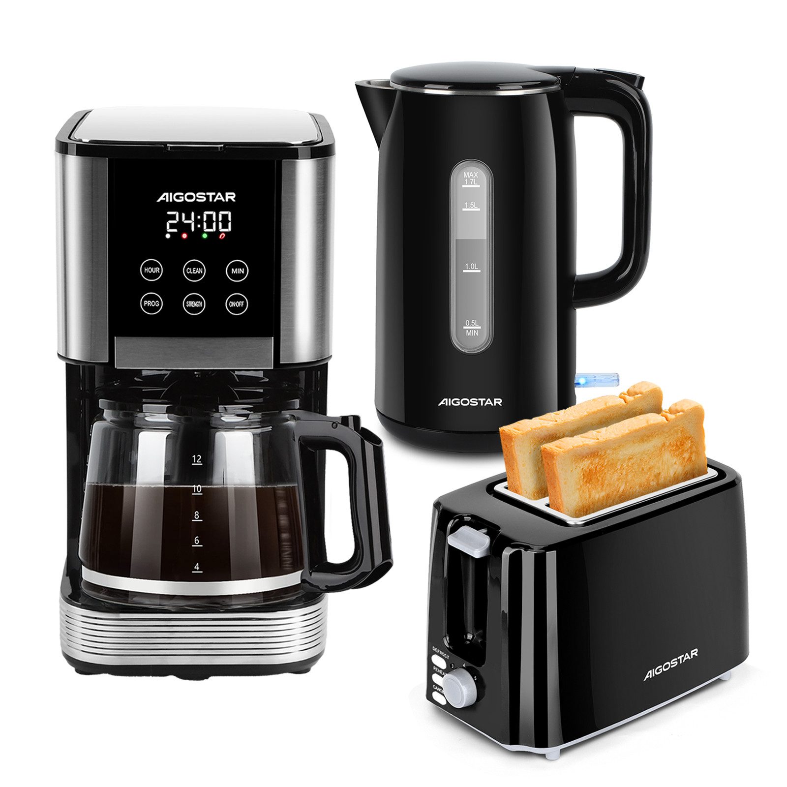 Aigostar Frühstücks-Set 14-Tassen Filterkaffeemaschine/ Wasserkocher 1,7L/ 2-Scheiben Toaster, Programmierbar 24h, Tropf-Stopp, AutoClean, Warmhaltefunktion,BPA Frei