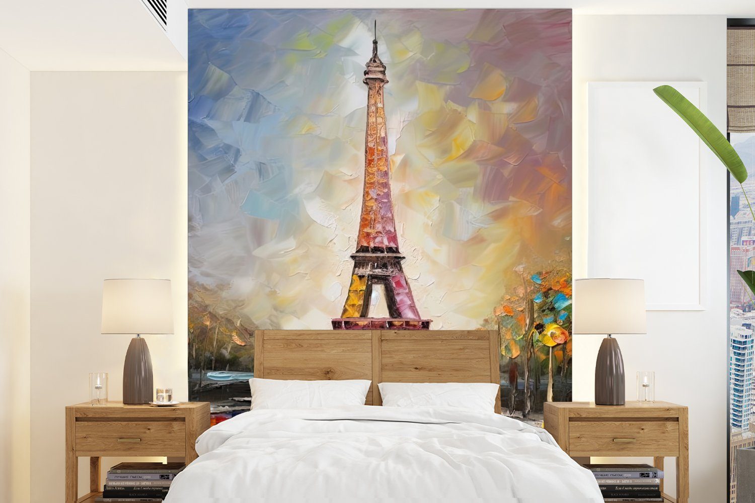 MuchoWow Fototapete Eiffelturm - Ölgemälde - Paris, Matt, bedruckt, (4 St), Montagefertig Vinyl Tapete für Wohnzimmer, Wandtapete