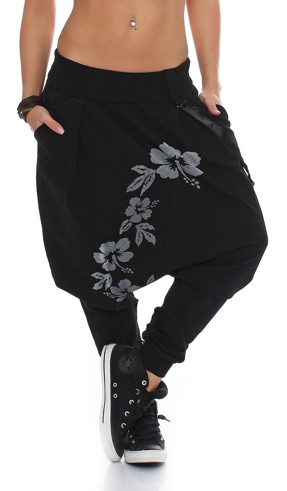 malito more than fashion Haremshose malito Damen Haremshose mit tiefem Schnitt, Hose mit Flower Print, mit vertieftem Schritt Einheitsgröße