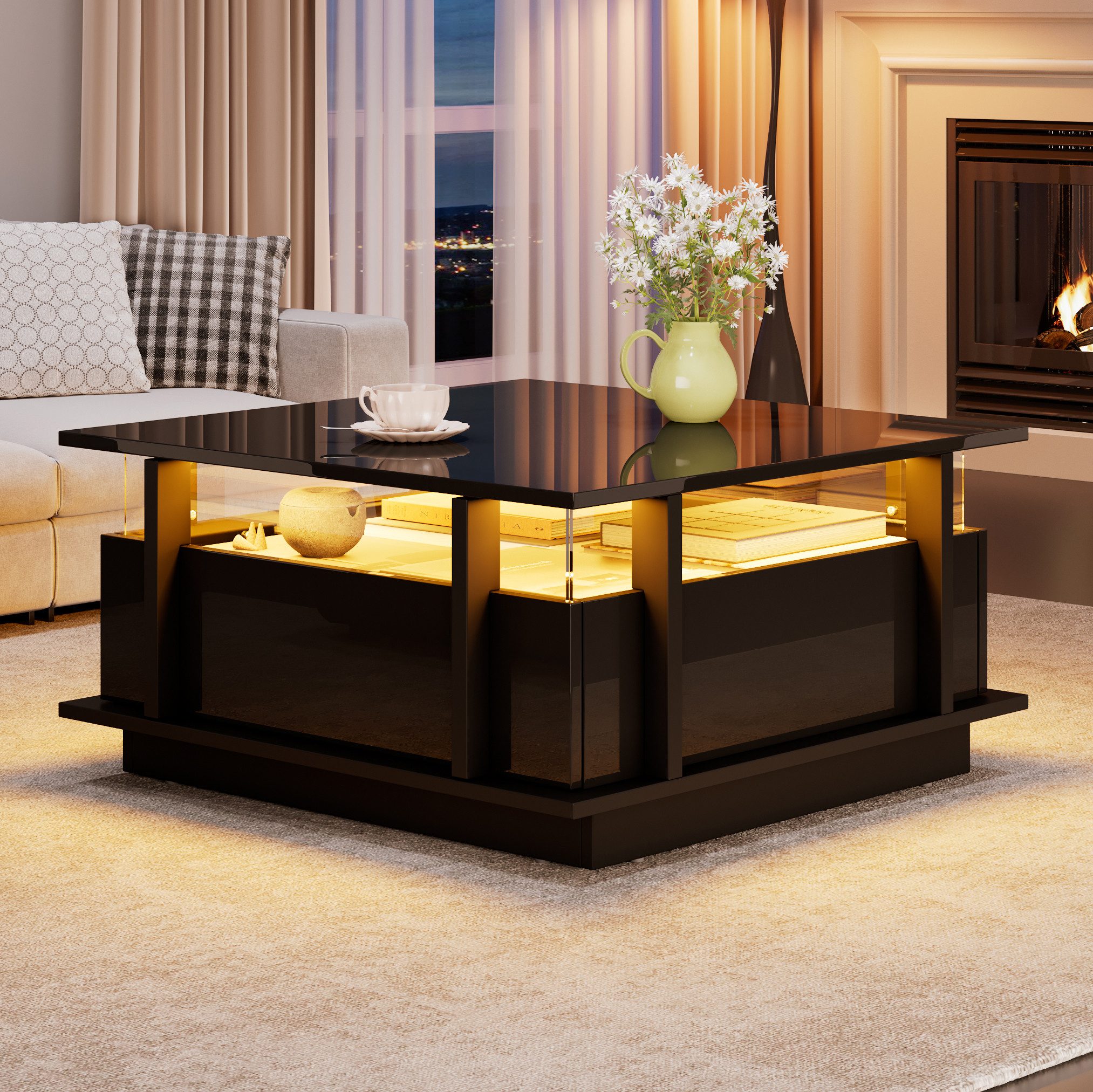 Merax Couchtisch hochglanz Sofatisch Beistelltisch mit LED-Beleuchtung (70×70×35cm, 1-St), Wohnzimmertisch mit 2 Schubladen & Transparente Acryl-Trennwand