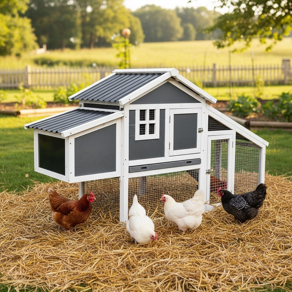 Feel2Home Kleintierkäfig Hühnerstall Grau Weiß Freilaufgehege Geflügelvoliere Haus Hasenkäfig, 176x102x66 cm