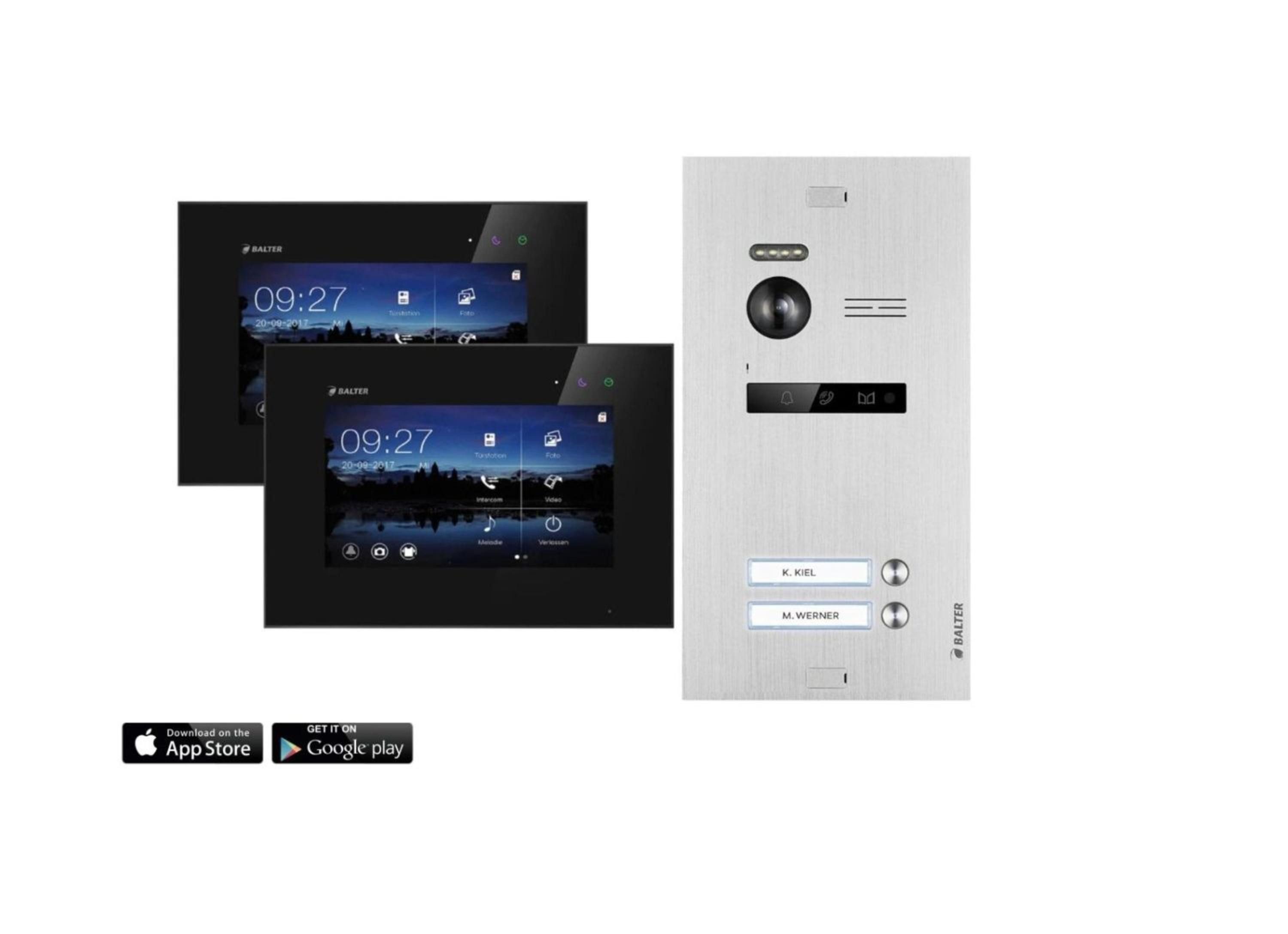 Balter Video-Türsprechanlage Video Türsprechanlage mit App für 2 Familienhaus, 2x Monitore (Komplettset, 2-tlg., 150 Grad Winkelkamera, WIFI)