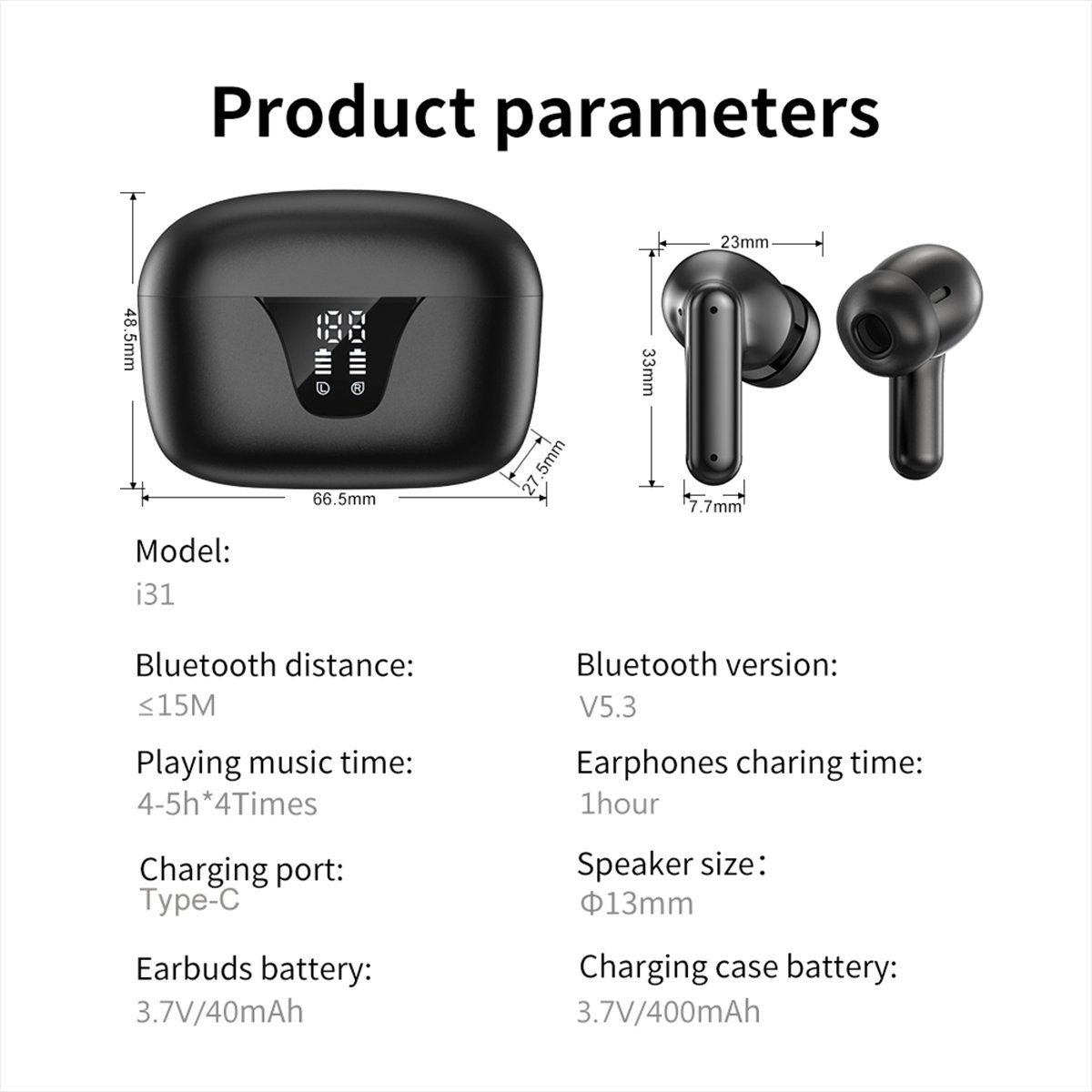 Schwarz Kopfhörer Ladestandsanzeige 5.3 In-Ear-Kopfhörer Kopfhörer Stereo wireless Bluetooth LED Kopfhörer Kopfhörer) In (mit Kabellos Ohrhörer Ear Stereo XDeer