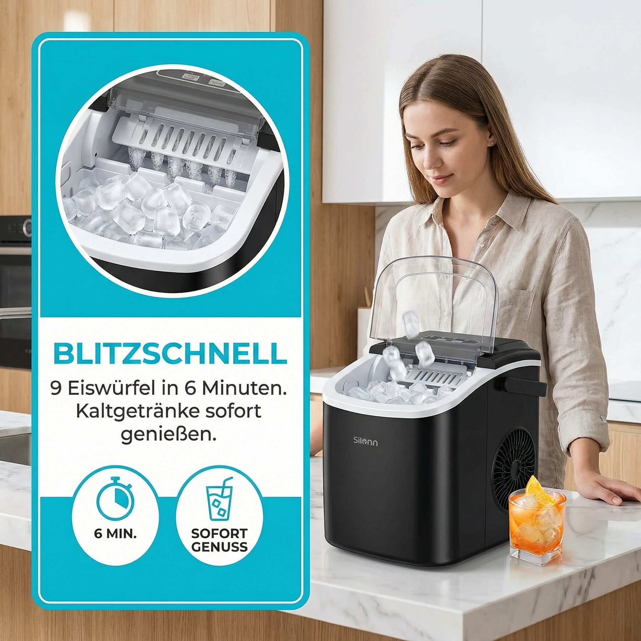 Silonn Eiswürfelmaschine Eiswürfelmaschine kompakt, 2 Eisgrößen, Selbstreinigung, tragbar, 6-minütige Eisherstellung