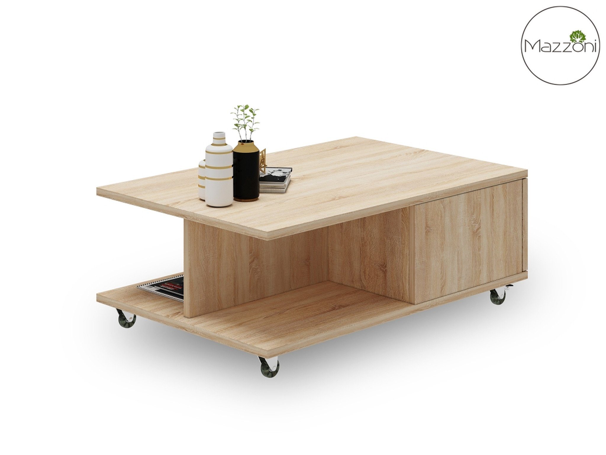 90x60x38cm mit Mazzoni Tisch Sonoma Wohnzimmertisch Eiche Design Vienna Rollen Couchtisch