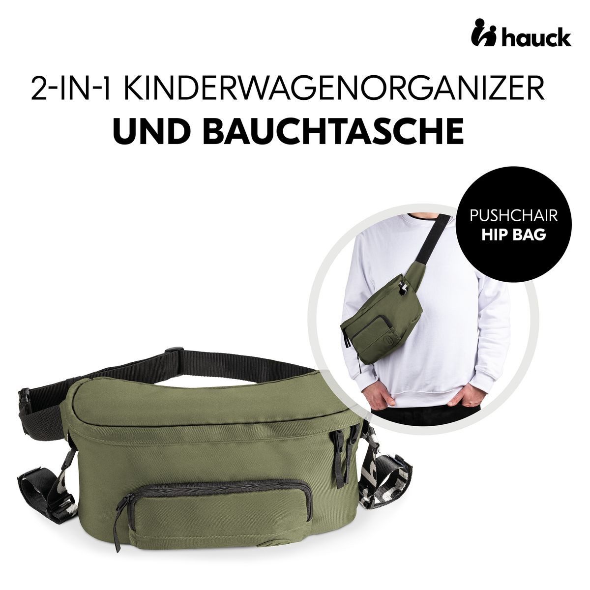 Hauck Kinderwagen-Transporttasche Pushchair Hip Bag - Olive, Universal Buggy Organizer Kinderwagen Tasche und Bauchtasche