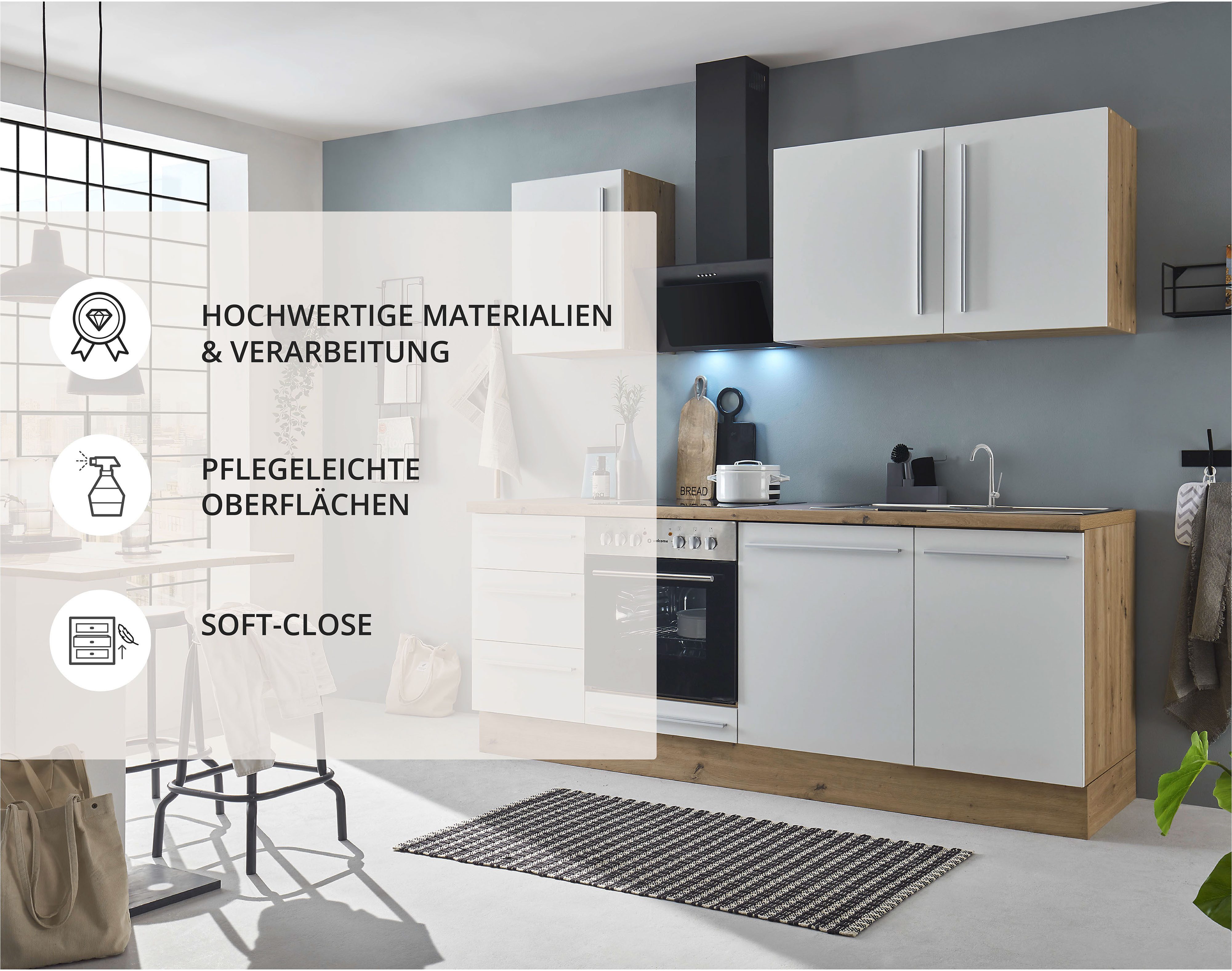 KOCHSTATION Küchenzeile KS-Florida mit 38mm starker Arbeitsplatte, Breite 220 cm, wahlweise mit E-Geräten, Soft-Close-Funktion