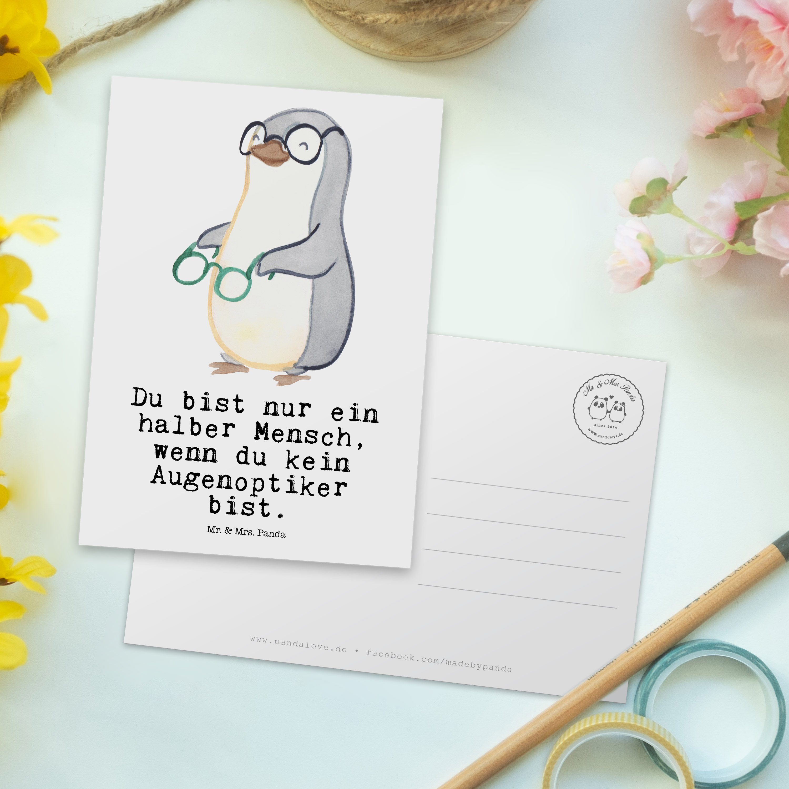 Herz Panda & - Postkarte mit Brillengeschä - Geschenk, Geschenkkarte, Weiß Mr. Augenoptiker Mrs.