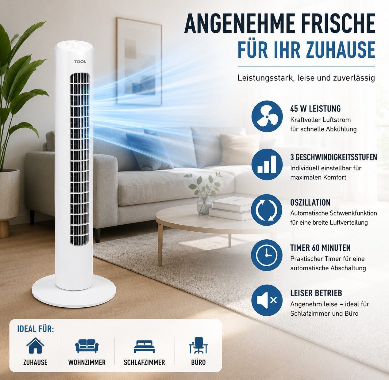 Ertex Standventilator Ventilator TURMVENTILATOR 45 W, Höhe 82 cm, Fernbedienung + Timer