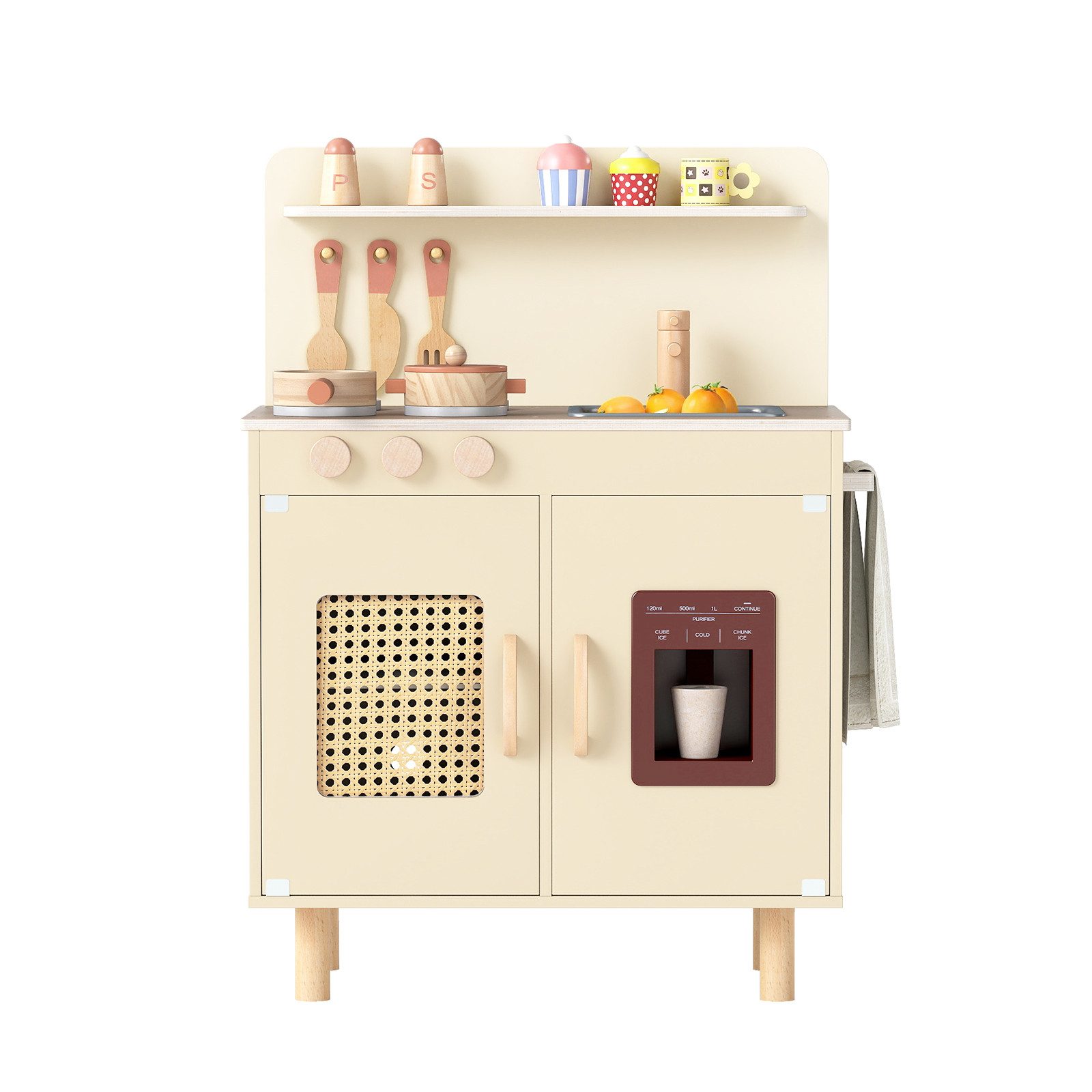 COSTWAY Spielküche Holz, Mit realistischem Eismaschine, Zubehör & Wasserspüle
