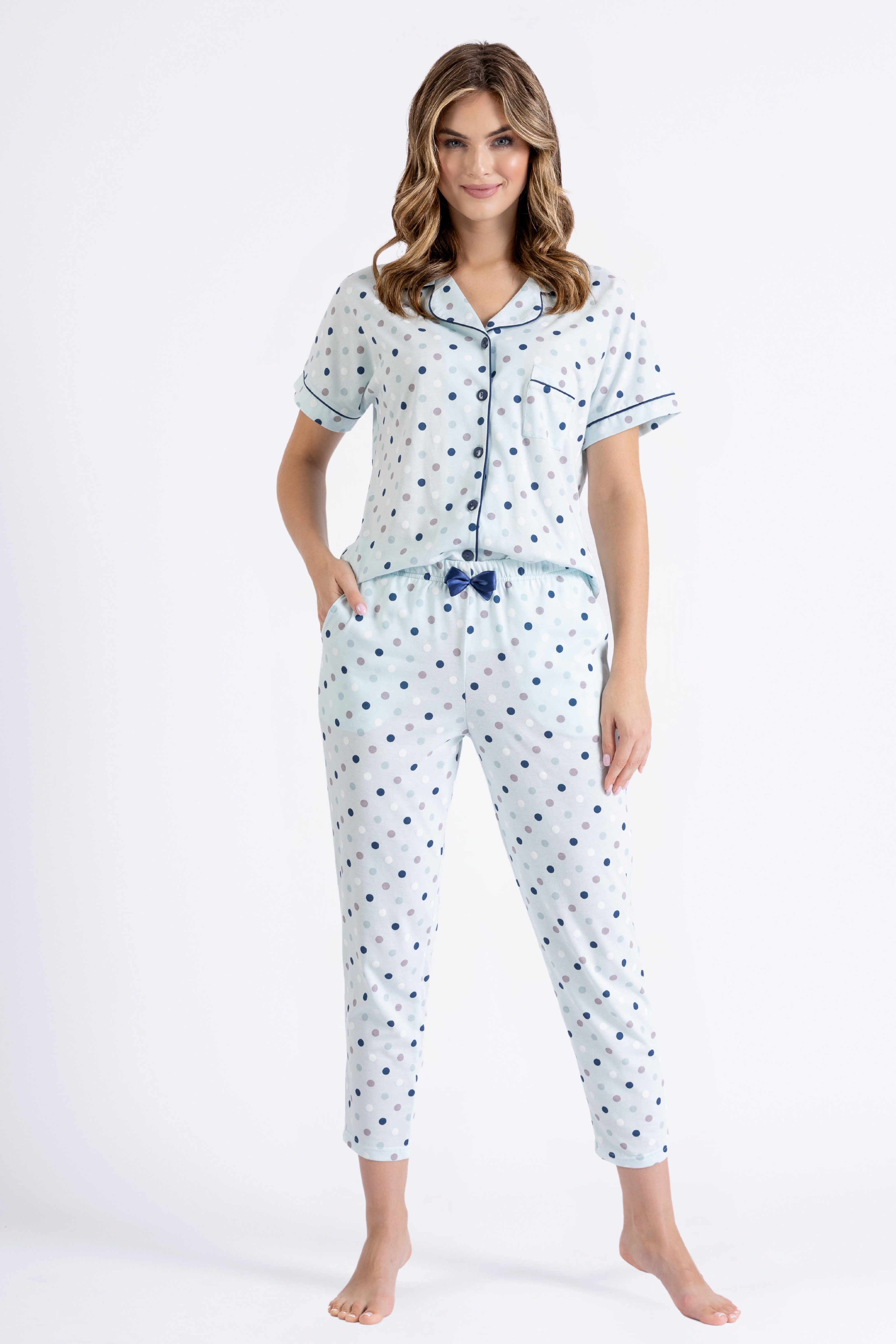 Pyjama Damen Pyjama 7/8 Baumwolle geknöpft