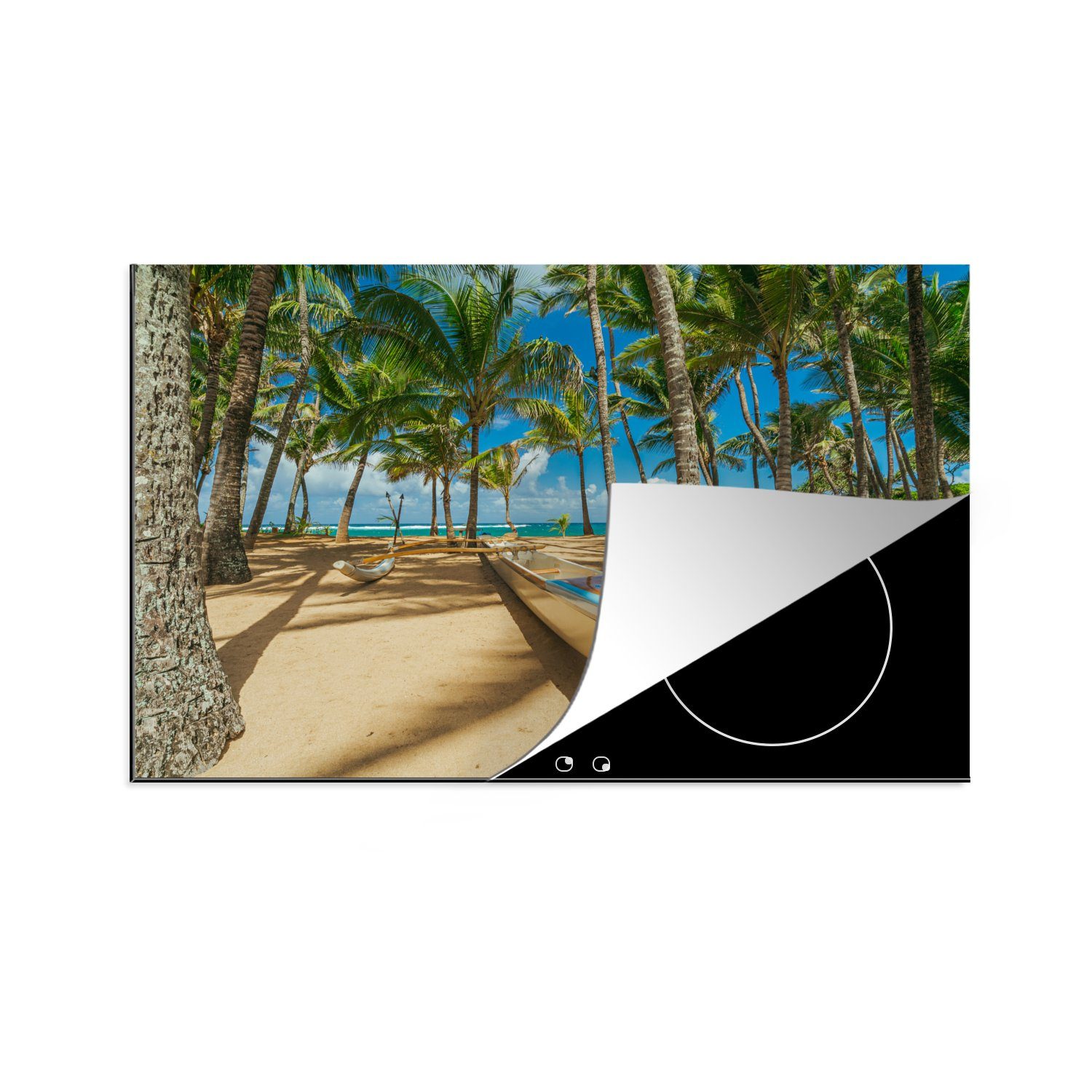 MuchoWow Herdblende-/Abdeckplatte Boot zwischen Palmen am Strand von Maui, Vinyl, (1 tlg), 81x52 cm, Induktionskochfeld Schutz für die küche, Ceranfeldabdeckung