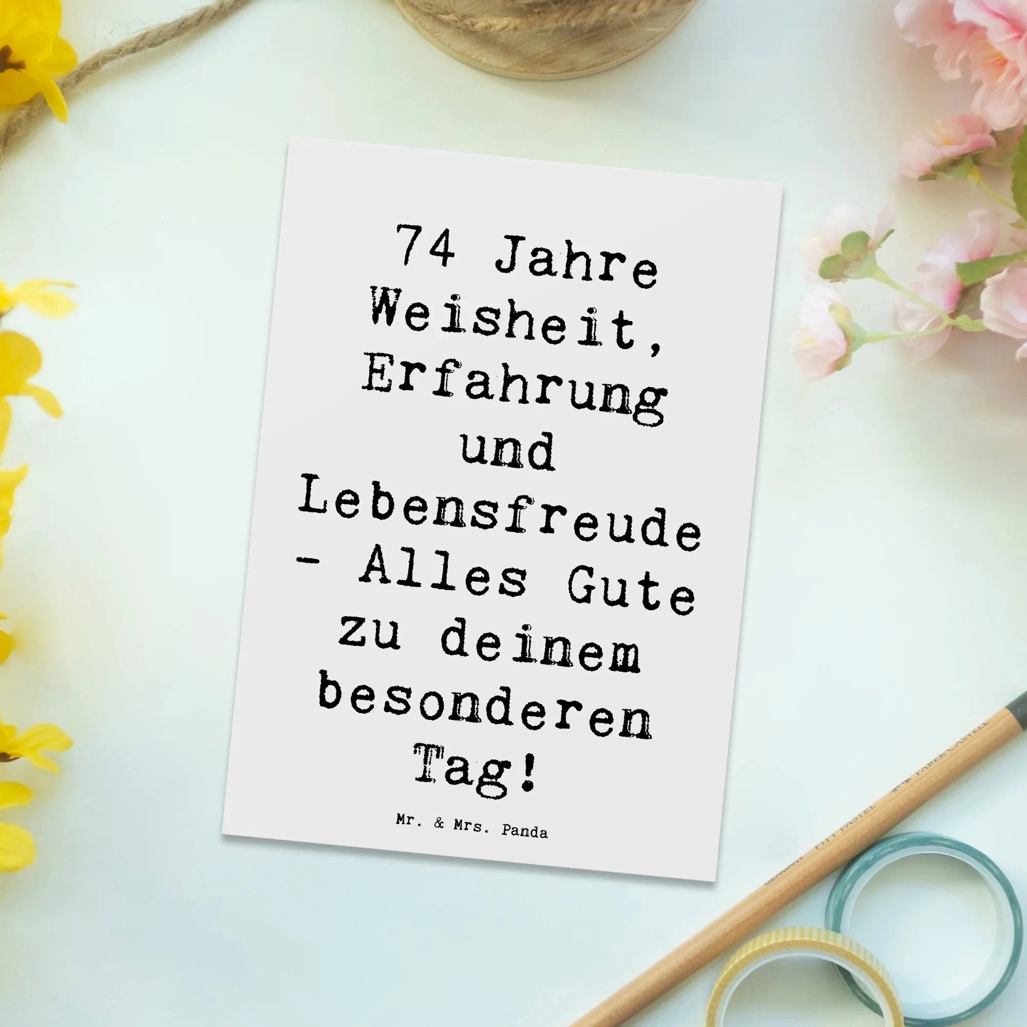Thumbnail - Mr. & Mrs. Panda Postkarte Spruch 74. Geburtstag - Weiß - Geschenk, Alter, Feiern, Grußkarte, Ge, Glänzende Vorderseite