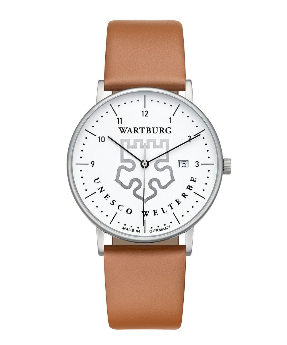 UMR Ruhla Quarzuhr Wartburg Herrenuhr 30430-BR 39 mm Weiß Braun Lederband Made in Germany