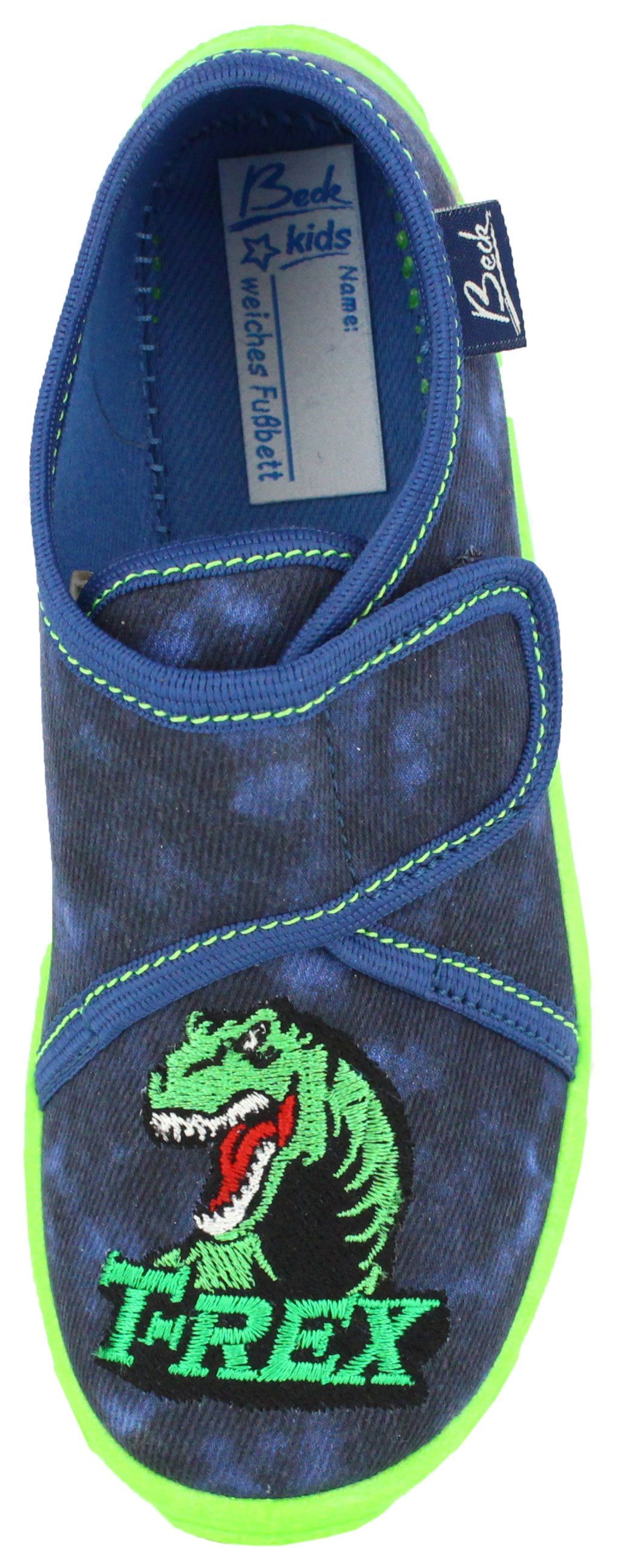 Beck Hausschuh T-Rex Hausschuh (atmungsaktive Materialien, für Kindergarten, Schule, Zuhause) mittlere Weite, robuste Materialien, weiche bequeme Decksohle