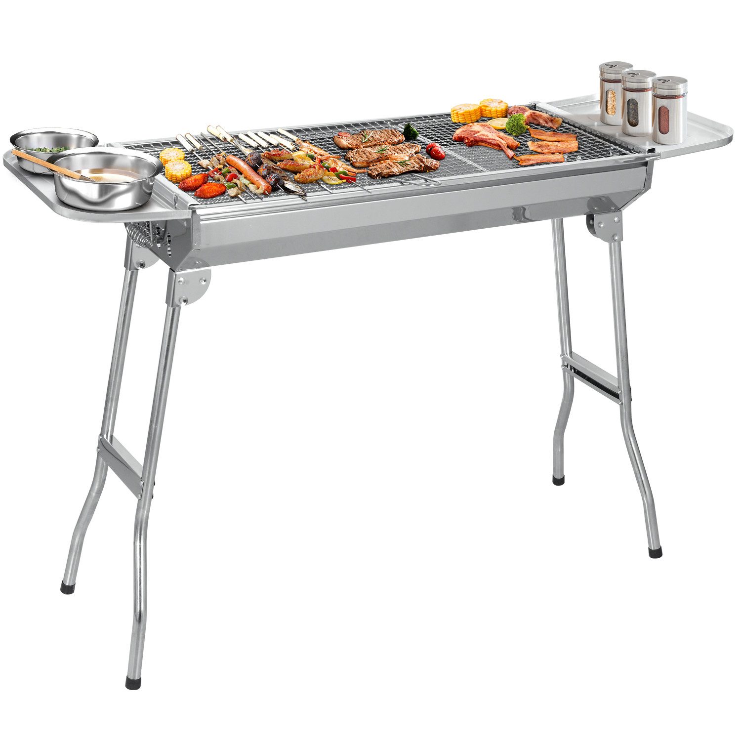 SunJas Holzkohlegrill CA-12 Edelstahl Holzkohlegrill mit Praktische Seitenablagen, BBQ Grill,Standgrill,compinggrill, Größe:110*33.5*71.5cm, Tragbarer Klappgrill Standgrill BBQ Grill für 5 bis 10 Personen