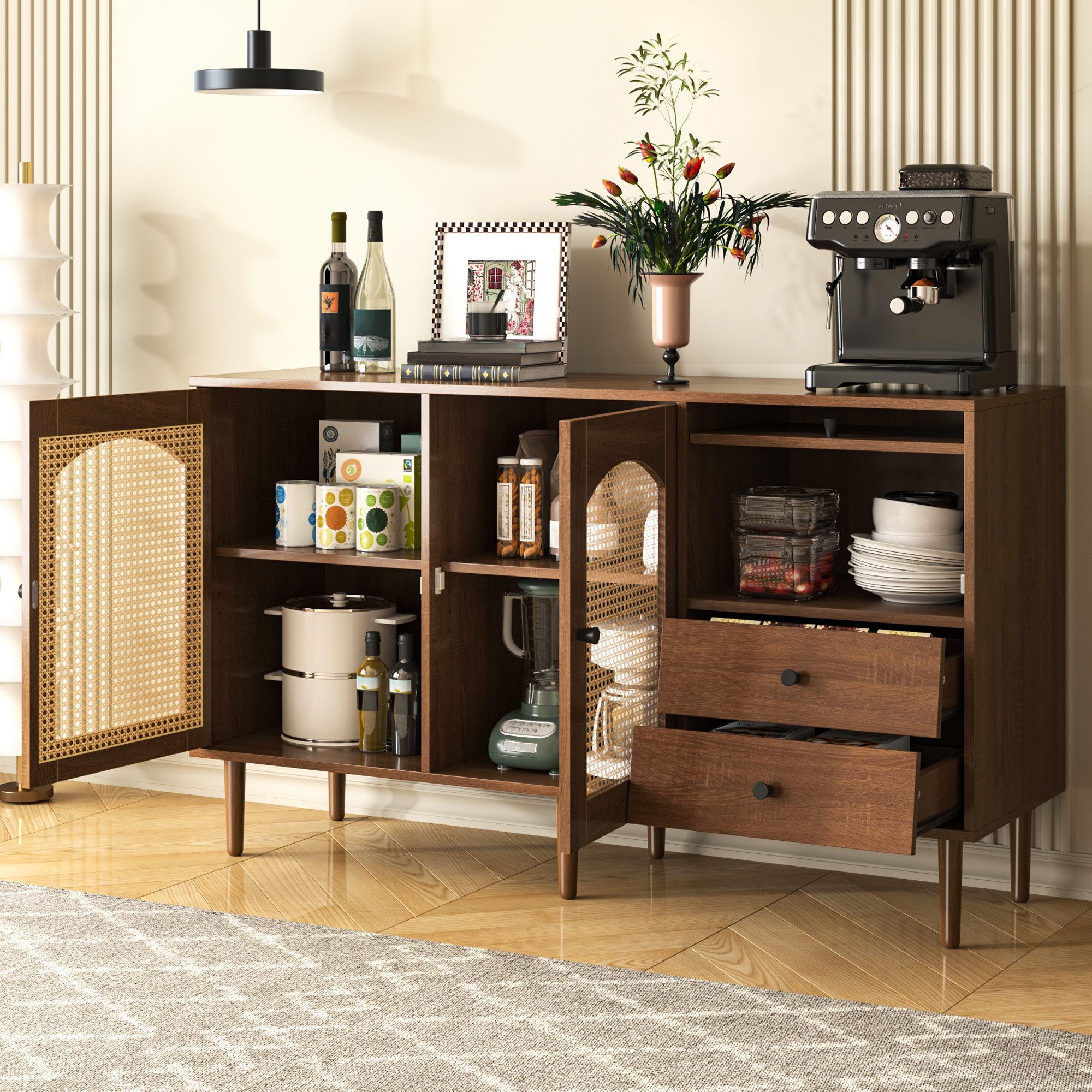 Merax Sideboard Buffet Rattan mit 3 Türen und 2 Schubladen, Antik,Landhaus Stil, Kommode aus Holz und Rattan,B/H/T:130/76/41 cm