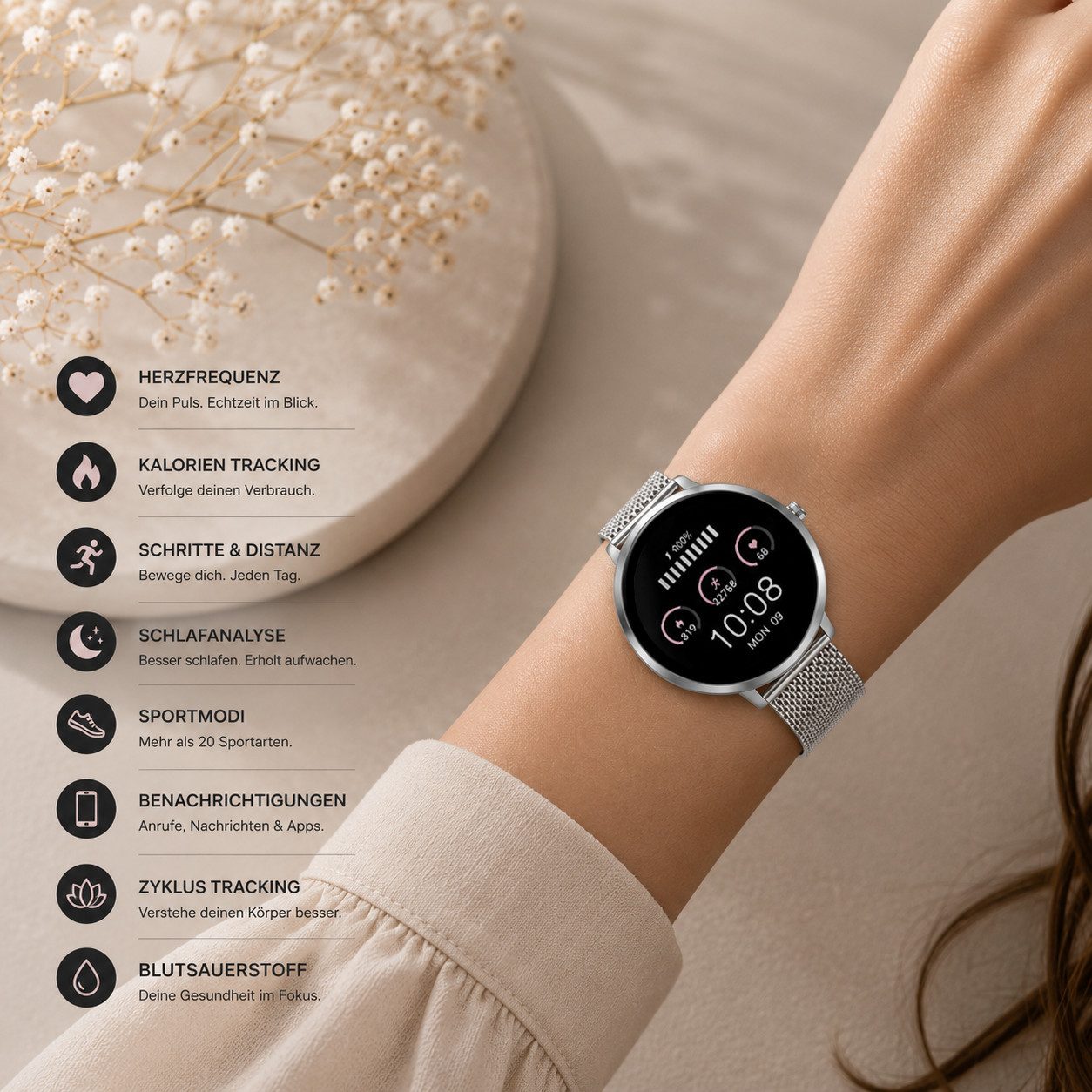 XCOAST SIONA 2 NANO - ultra kleine Damen Smartwatch (3,7 cm/1,19 Zoll, iOS und Android) Filigran, Frauen Armbanduhr, Fitnesstracker, 1-tlg., Fitness Tracker, Damenuhr, 7 Tage Akku, Wasserdicht, Puls, Blutdruck, Blutsauerstoff