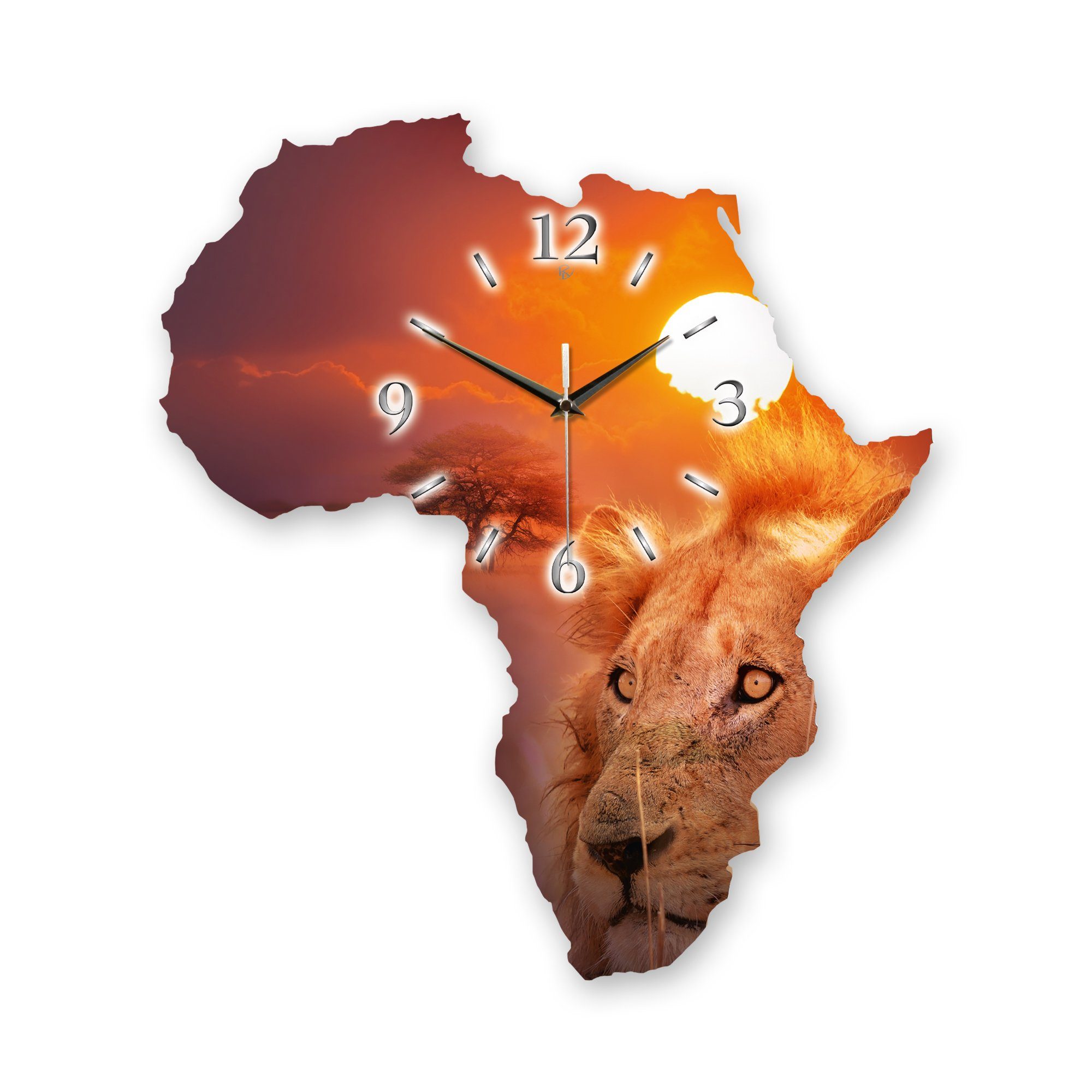 Kreative Feder Wanduhr Designer-Wanduhr "Afrika" im Landkarten-Design (ohne Ticken; Funk- oder Quarzuhrwerk; elegant, außergewöhnlich, modern) Motiv Löwe