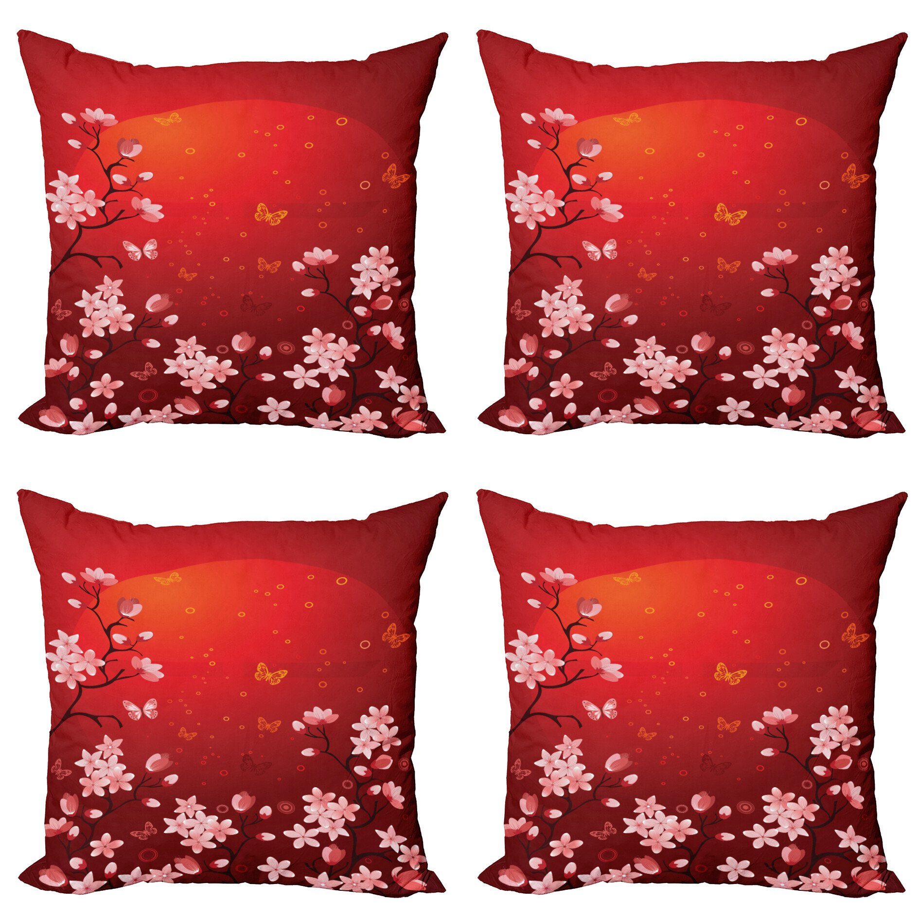 Kissenbezüge Modern Accent Doppelseitiger Digitaldruck, Abakuhaus (4 Stück), rot Abstrakter Sonnenuntergang und Sakura