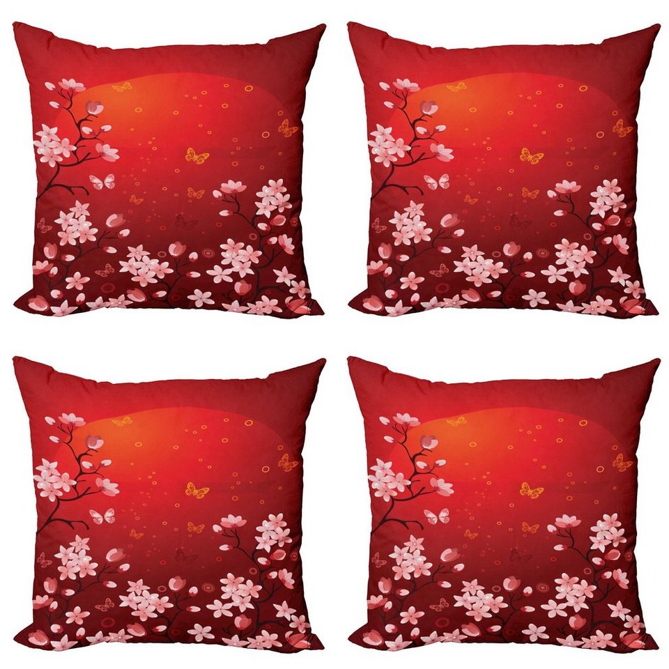 Kissenbezüge Modern Accent Doppelseitiger Digitaldruck, Abakuhaus (4 Stück),  rot Abstrakter Sonnenuntergang und Sakura