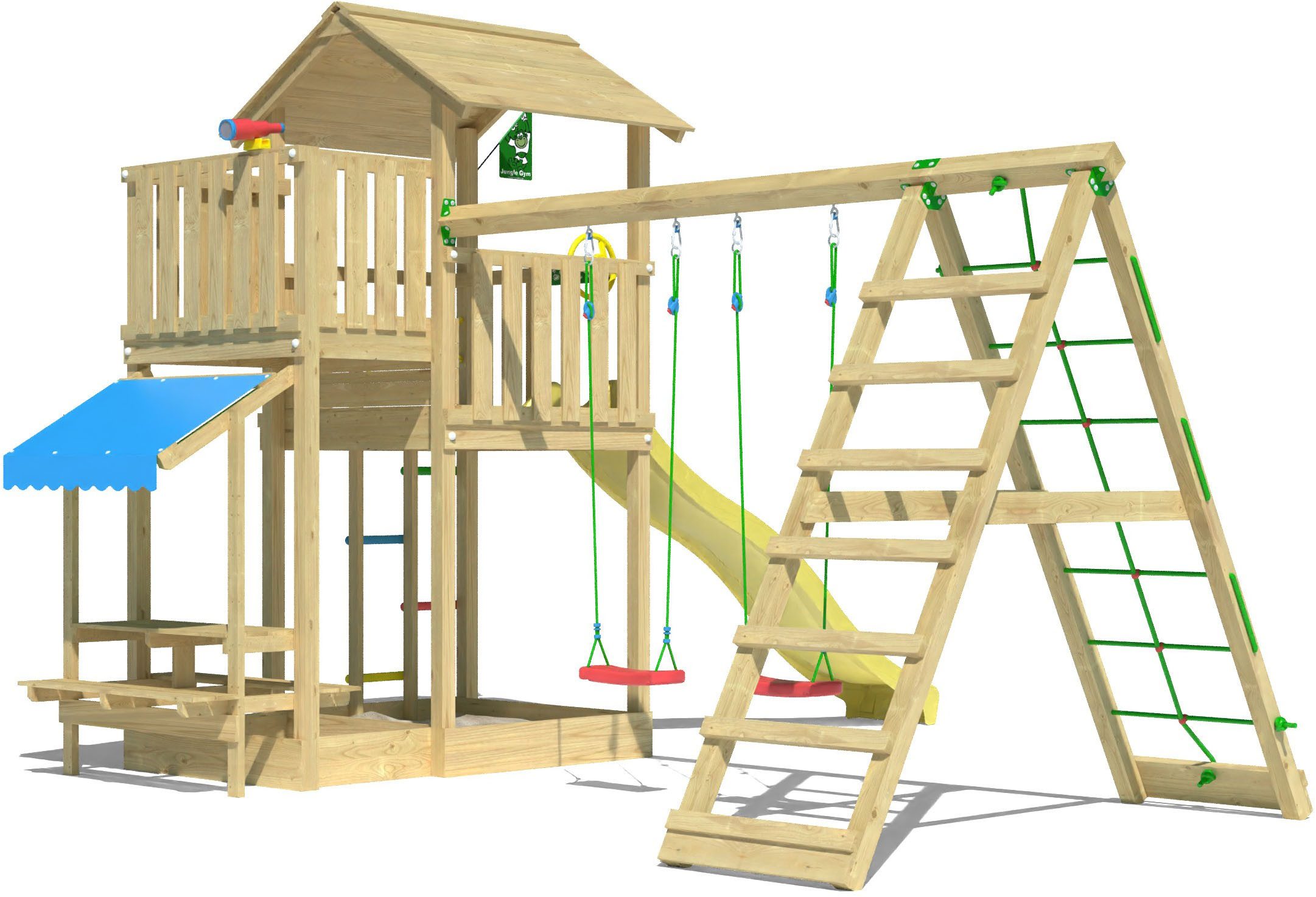 Jungle Gym Spielturm Veranda, Spielanlage mit Schaukel, Kletterbock und Rutsche mit Wasseranschluss