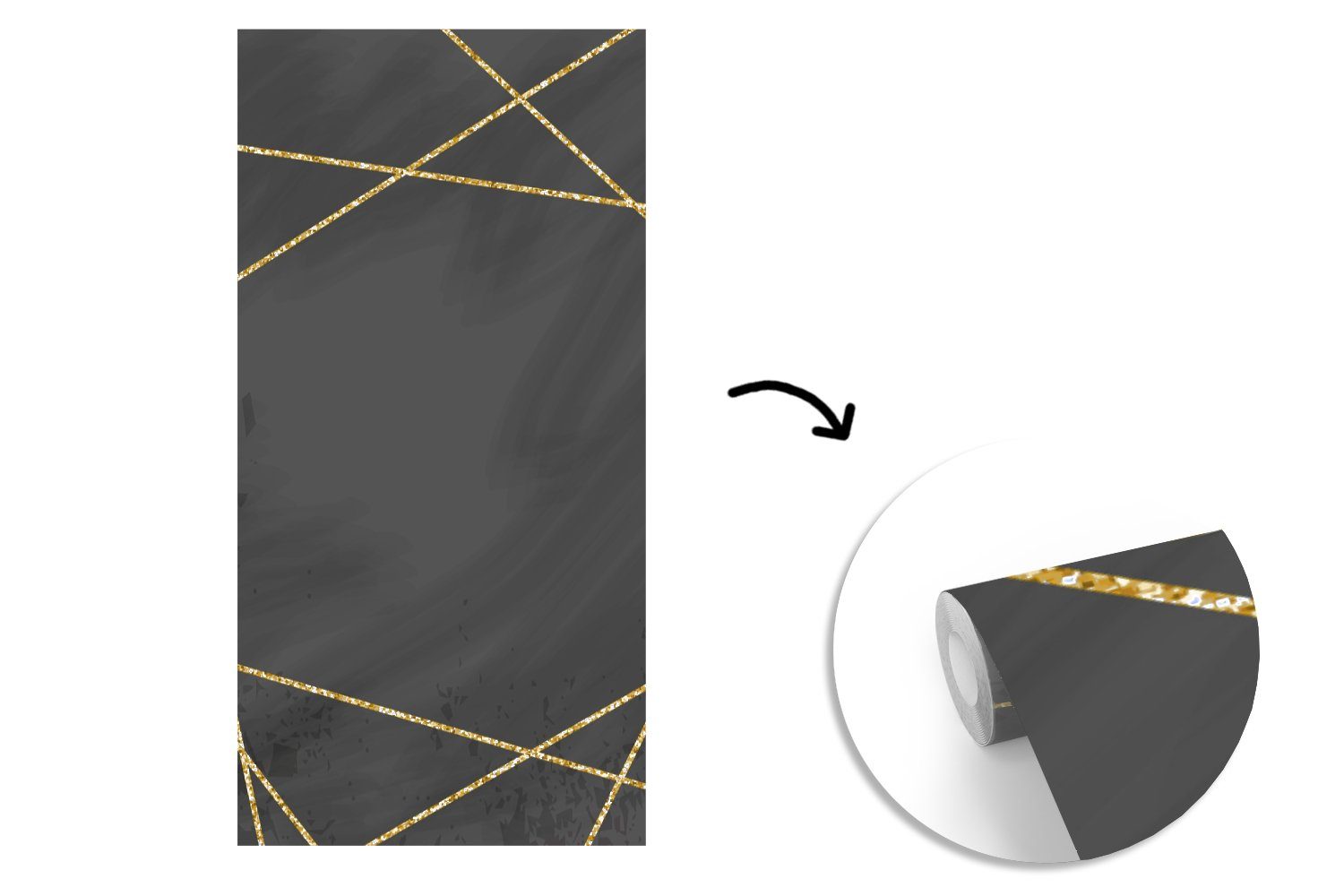 (2 Wohnzimmer Vliestapete für Fototapete bedruckt, St), Schlafzimmer Geometrisches aus Küche, Fototapete auf Linien Matt, Muster MuchoWow goldenen schwarzem Hintergrund,