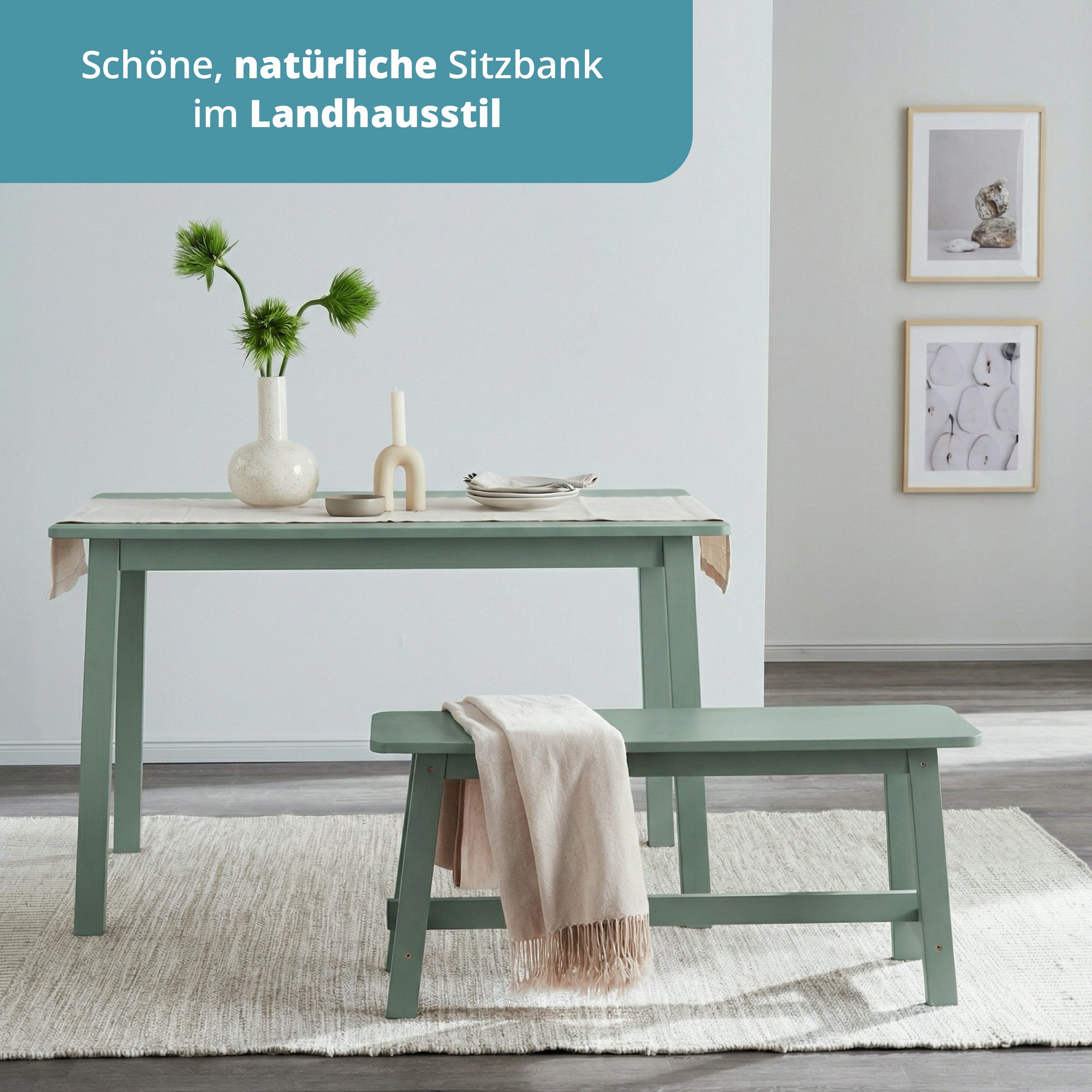 KHG Sitzbank Dekobank Grün für 1-2 Personen, Skandi Look, bis 200 kg belastbar, lackiert, pflegeleicht, Massivholzgestell